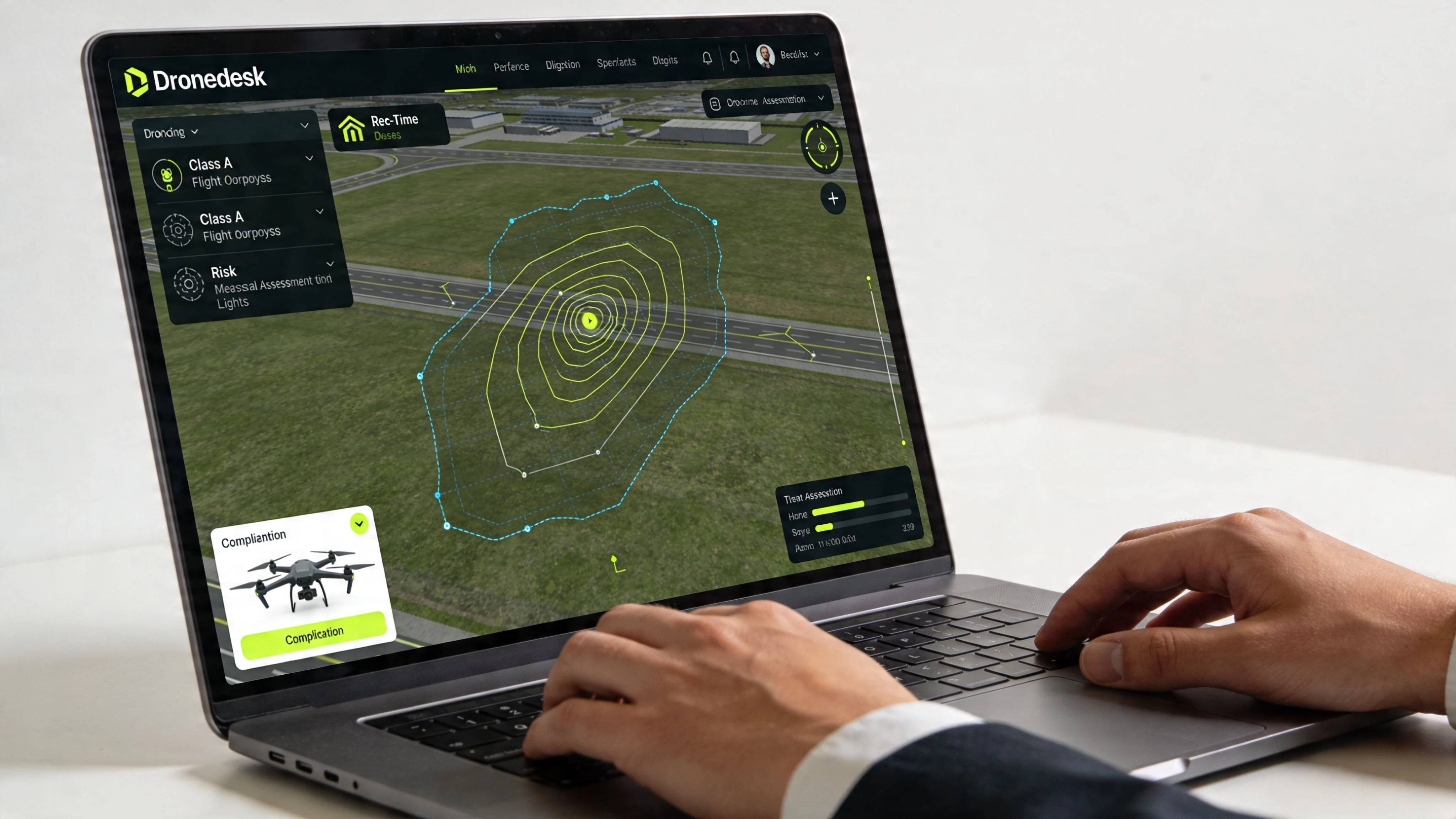 A person using a laptop with drone flight planning software displayed on the screen over a runway background.
