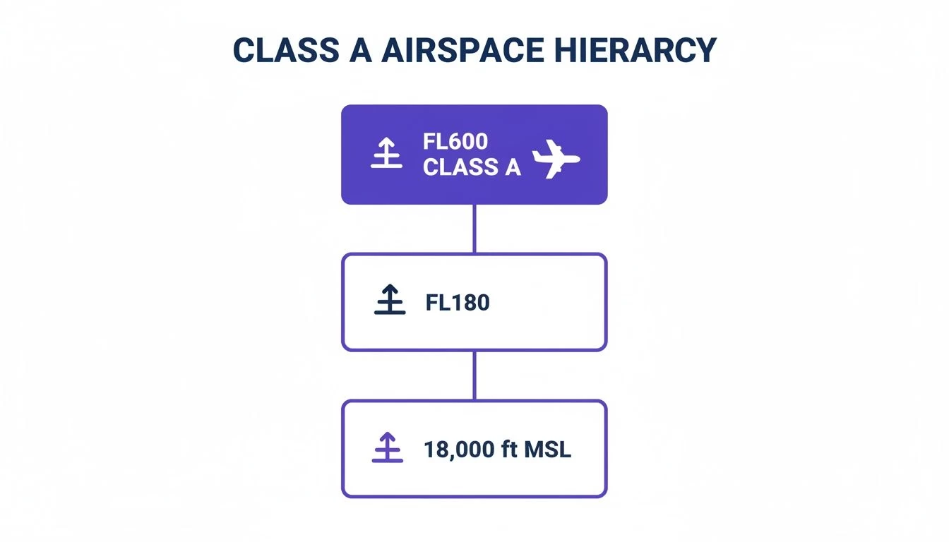Diagram illustrating the Class A airspace hierarchy, showing flight levels from 18,000 ft MSL to FL600.