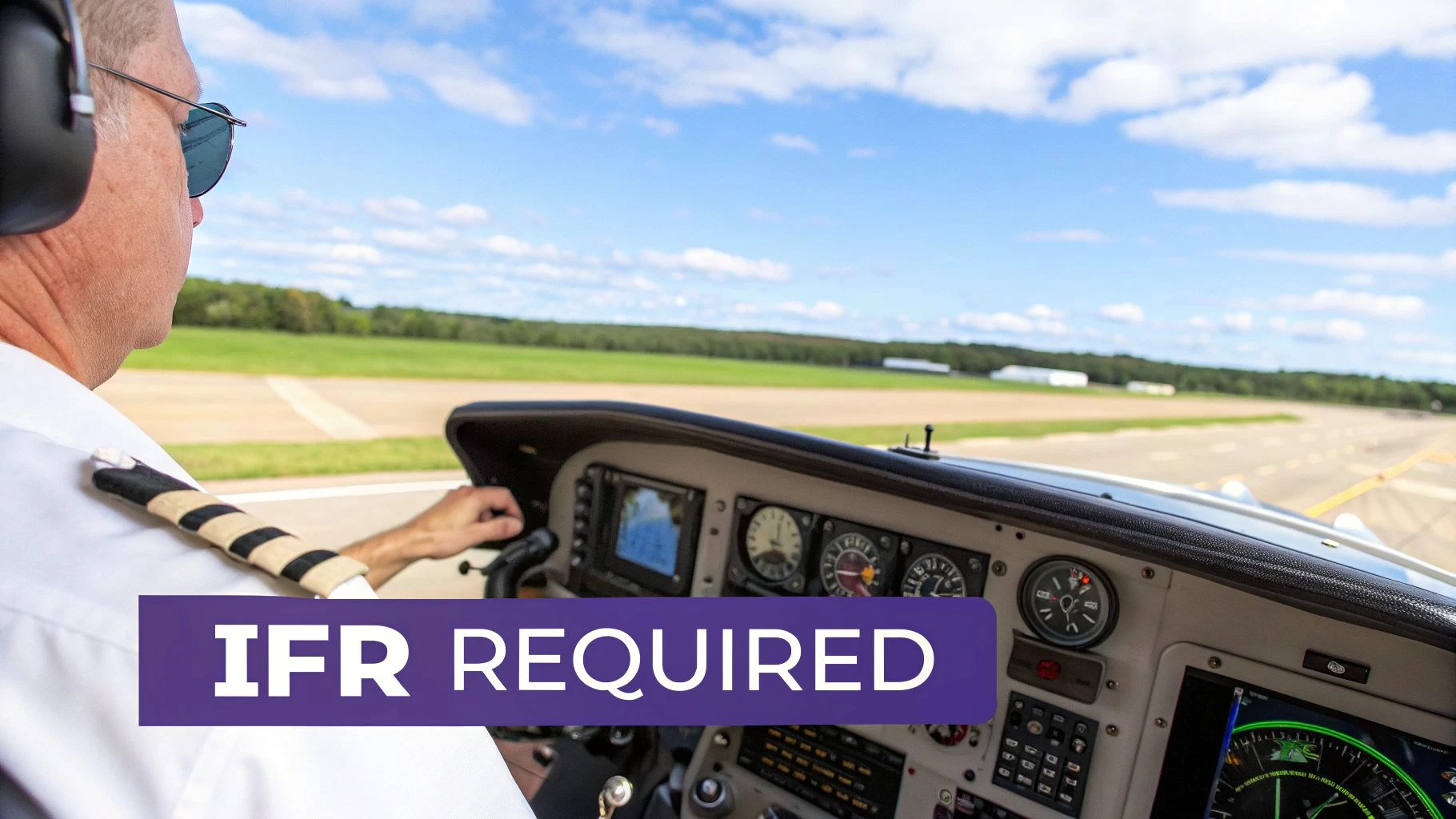 A pilot in sunglasses and headphones sits in a cockpit, looking out at an airfield under a blue sky, with 'IFR REQUIRED' text.