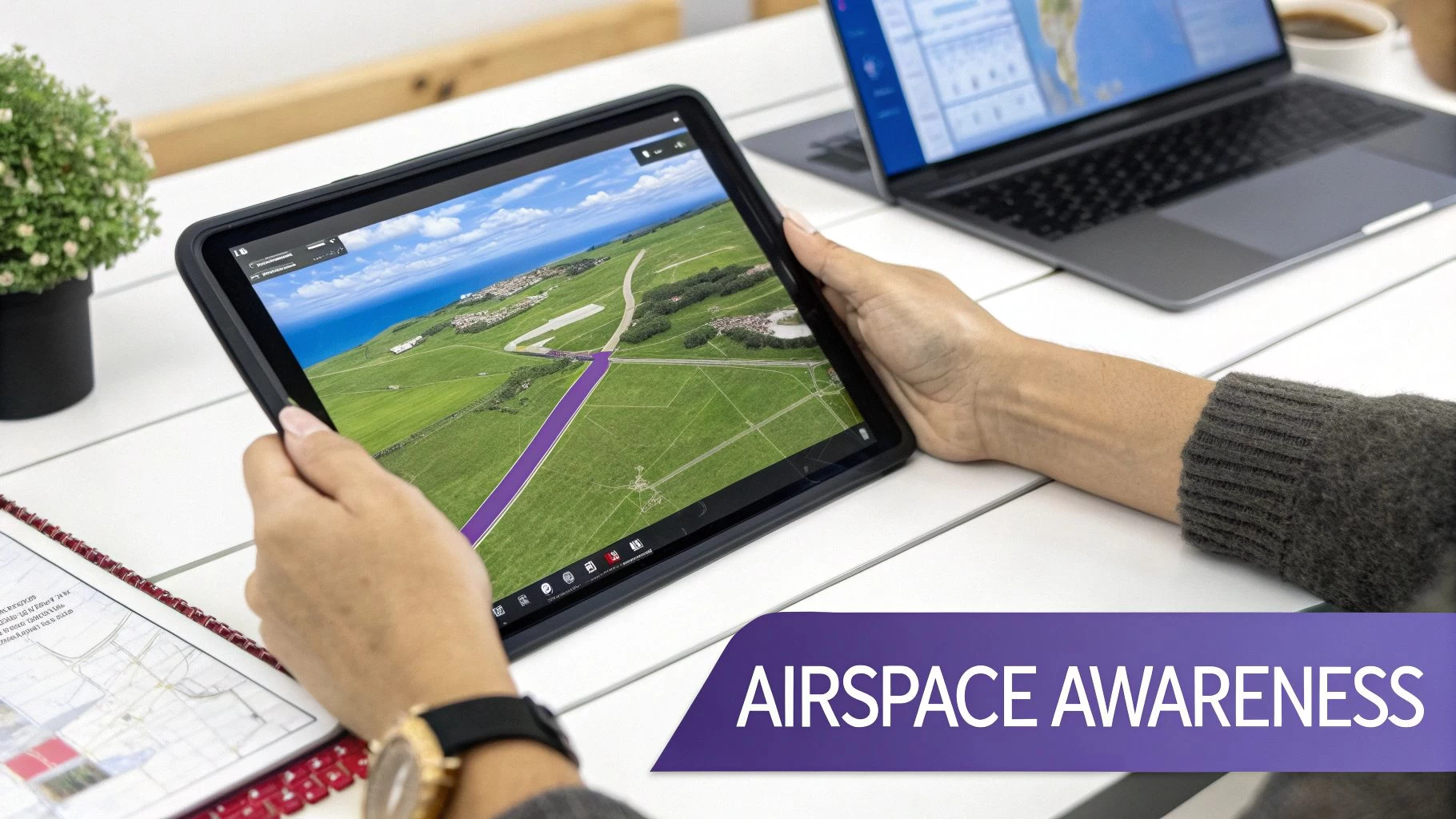 Hands hold a tablet displaying an aerial map of green fields, coastline, and a purple flight path for airspace awareness.