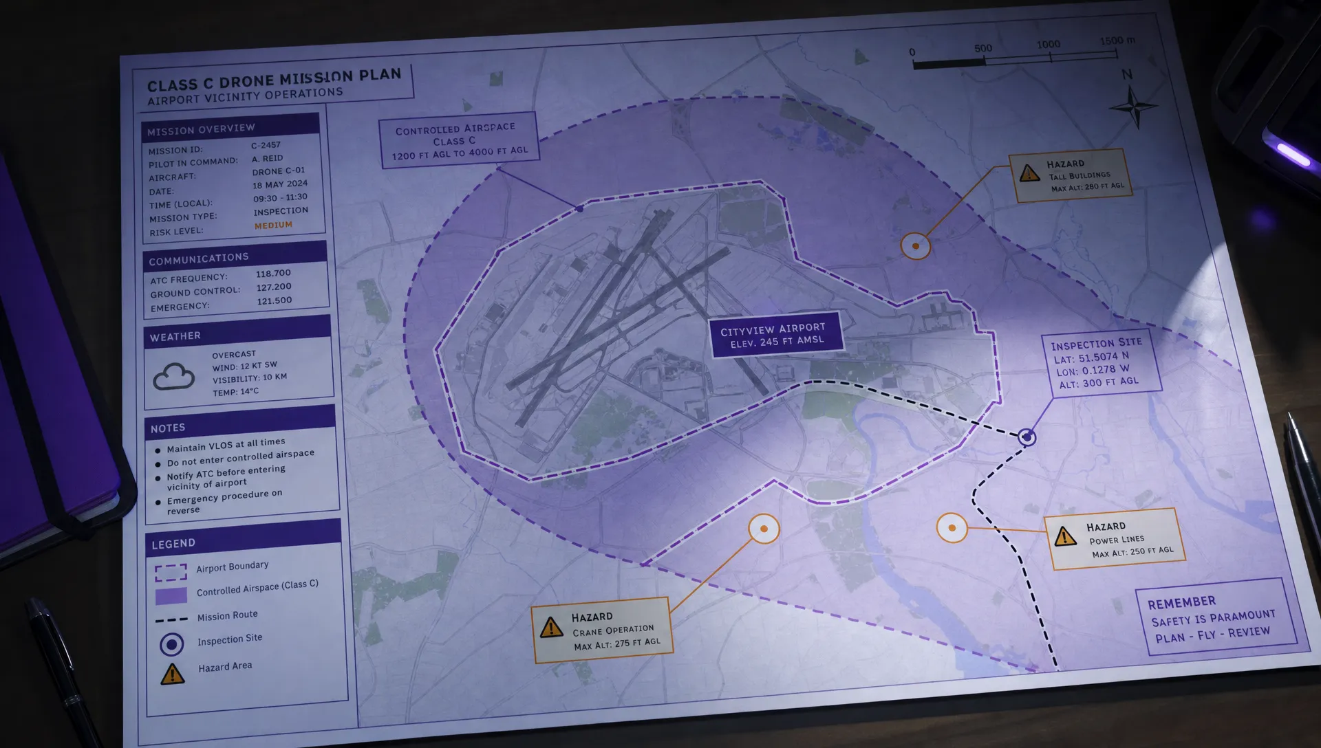 A planning map shows an airport boundary, controlled airspace limits, a marked inspection site and hazard notes for a Class C drone job.