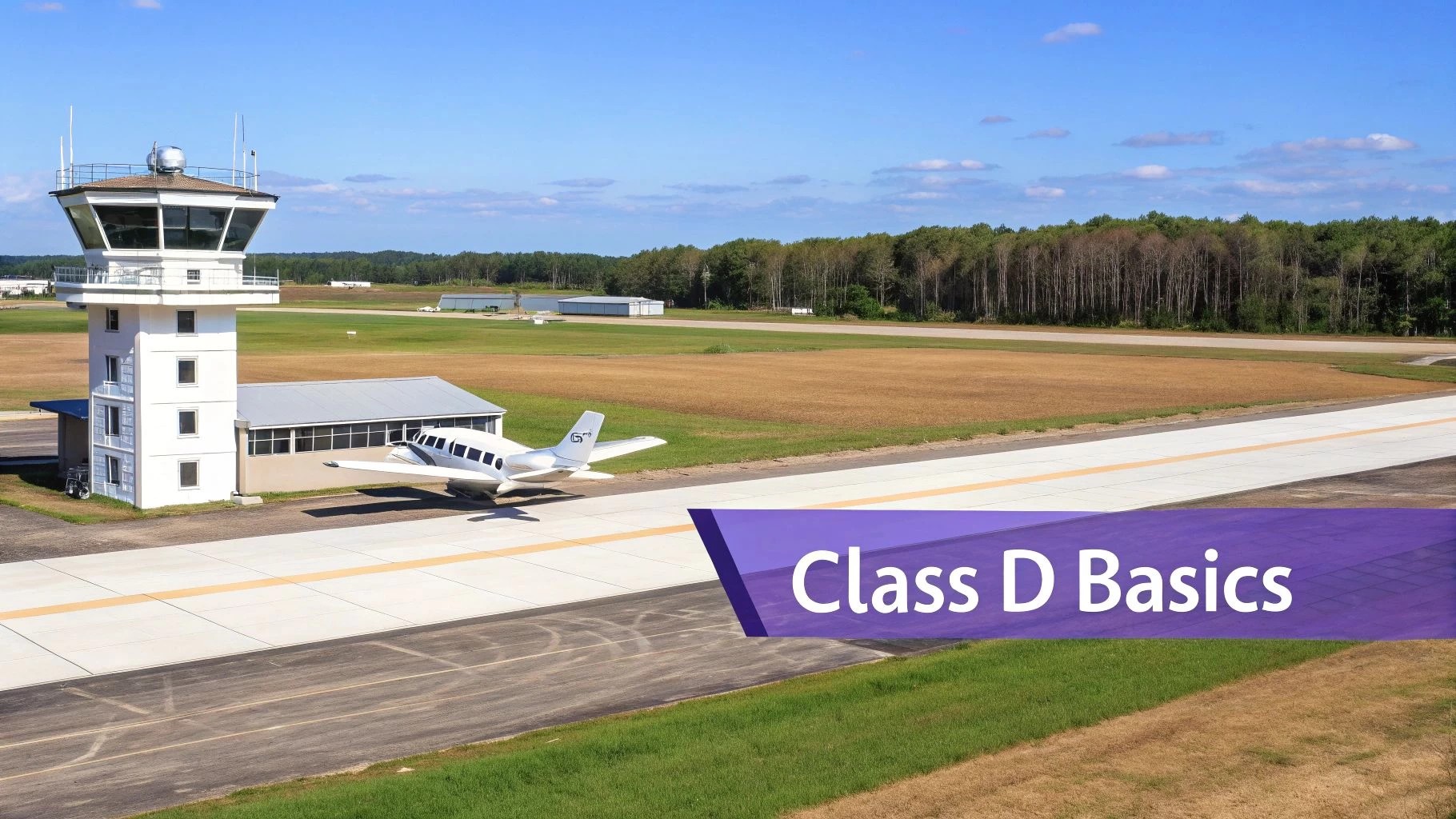 An airport control tower next to a private jet on a runway, with a 'Class D Basics' overlay.