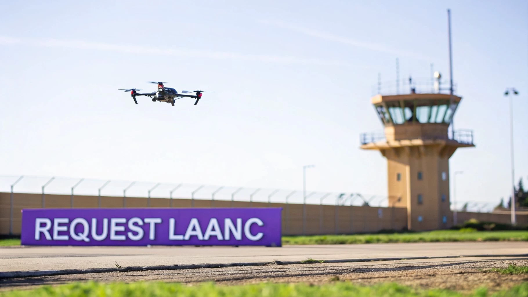 A drone flies near an airport control tower, with a banner requesting LAANC authorization.