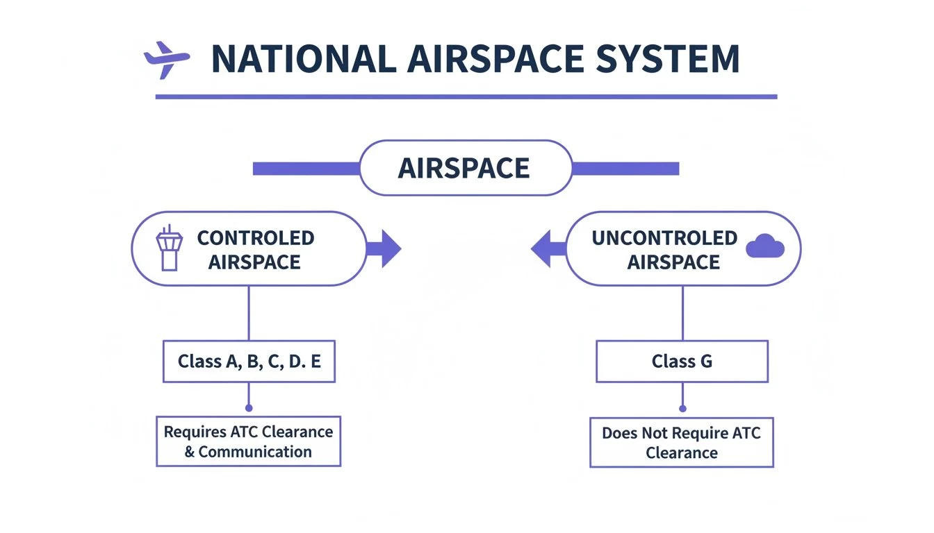 Flowchart illustrating the National Airspace System, detailing controlled and uncontrolled airspace classes.
