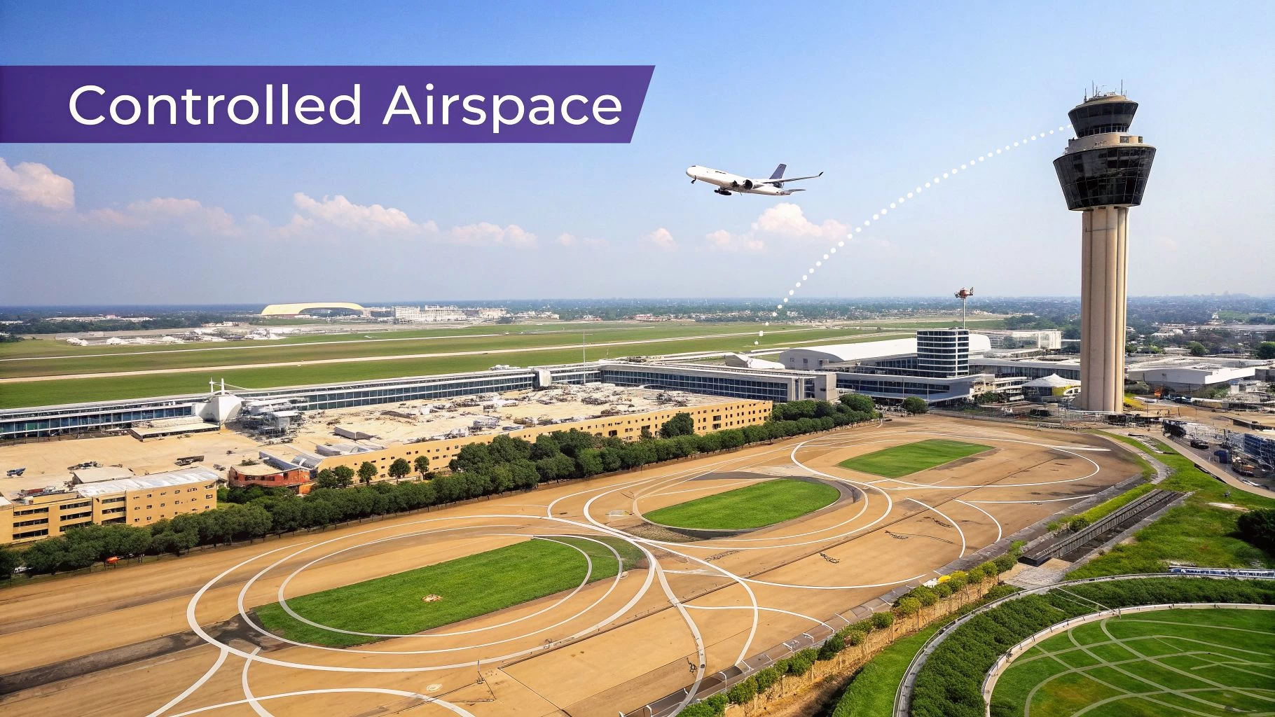 Aerial view of an airport with a control tower, an airplane taking off, and runways, illustrating controlled airspace.