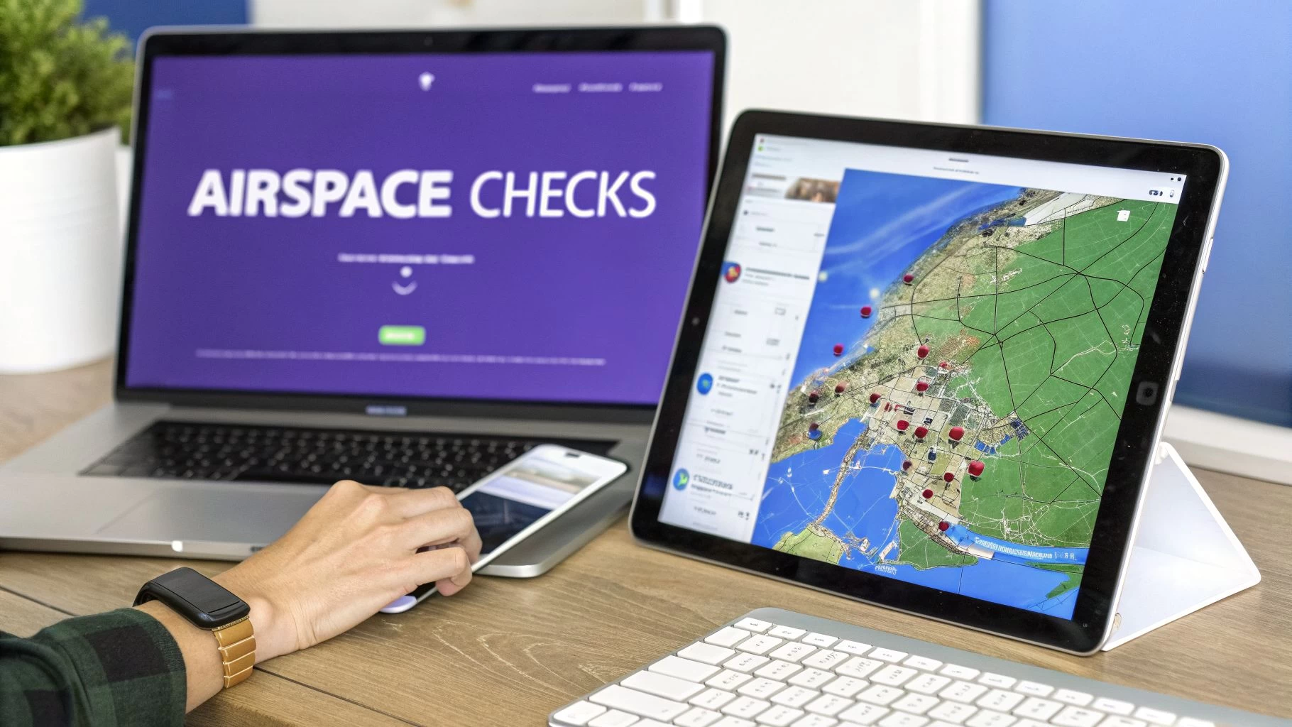 A person uses a laptop displaying 'Airspace Checks', a tablet with a drone flight map, and a smartphone.