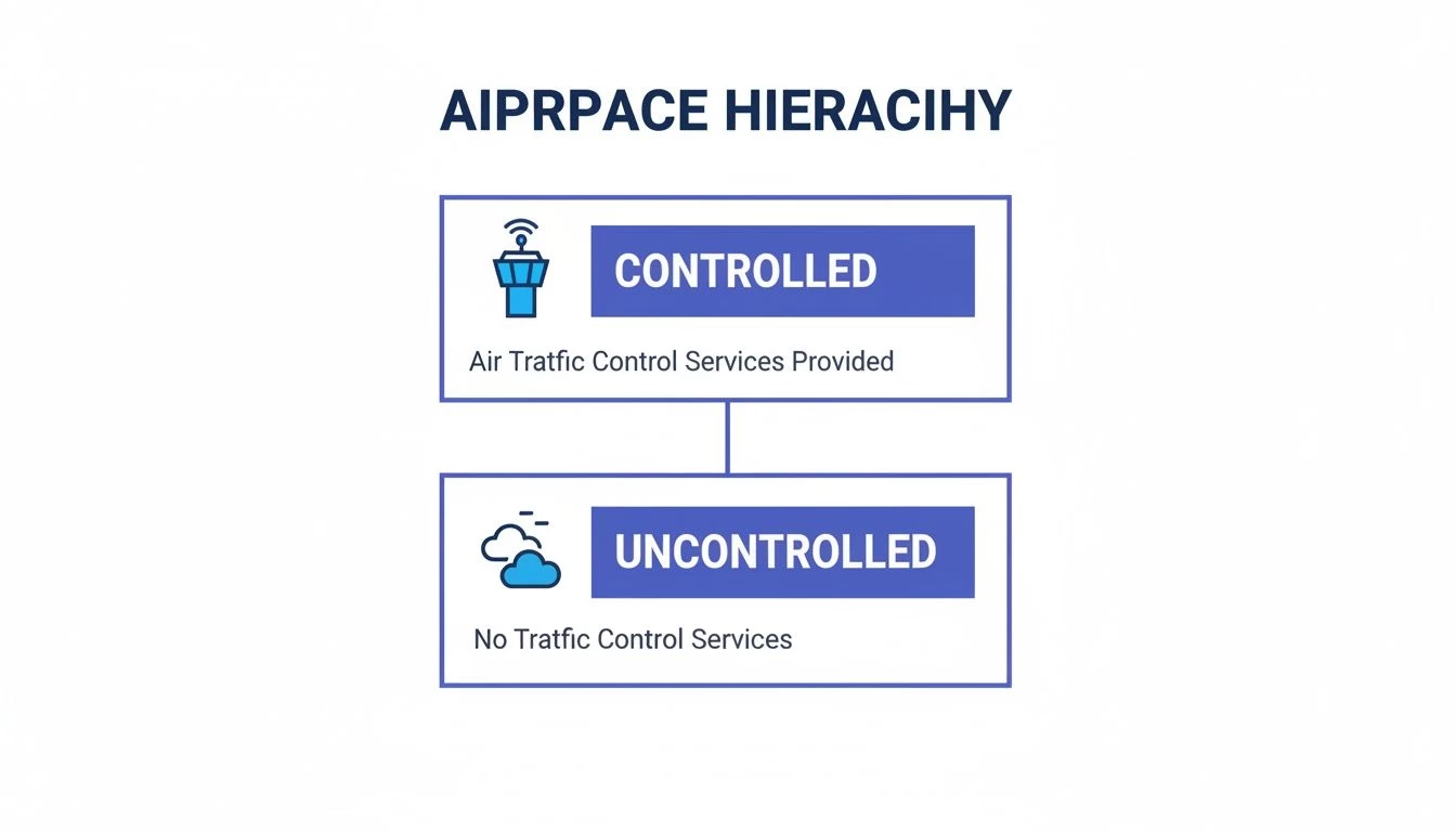 Diagram showing airspace hierarchy: Controlled with air traffic control services, and Uncontrolled without.