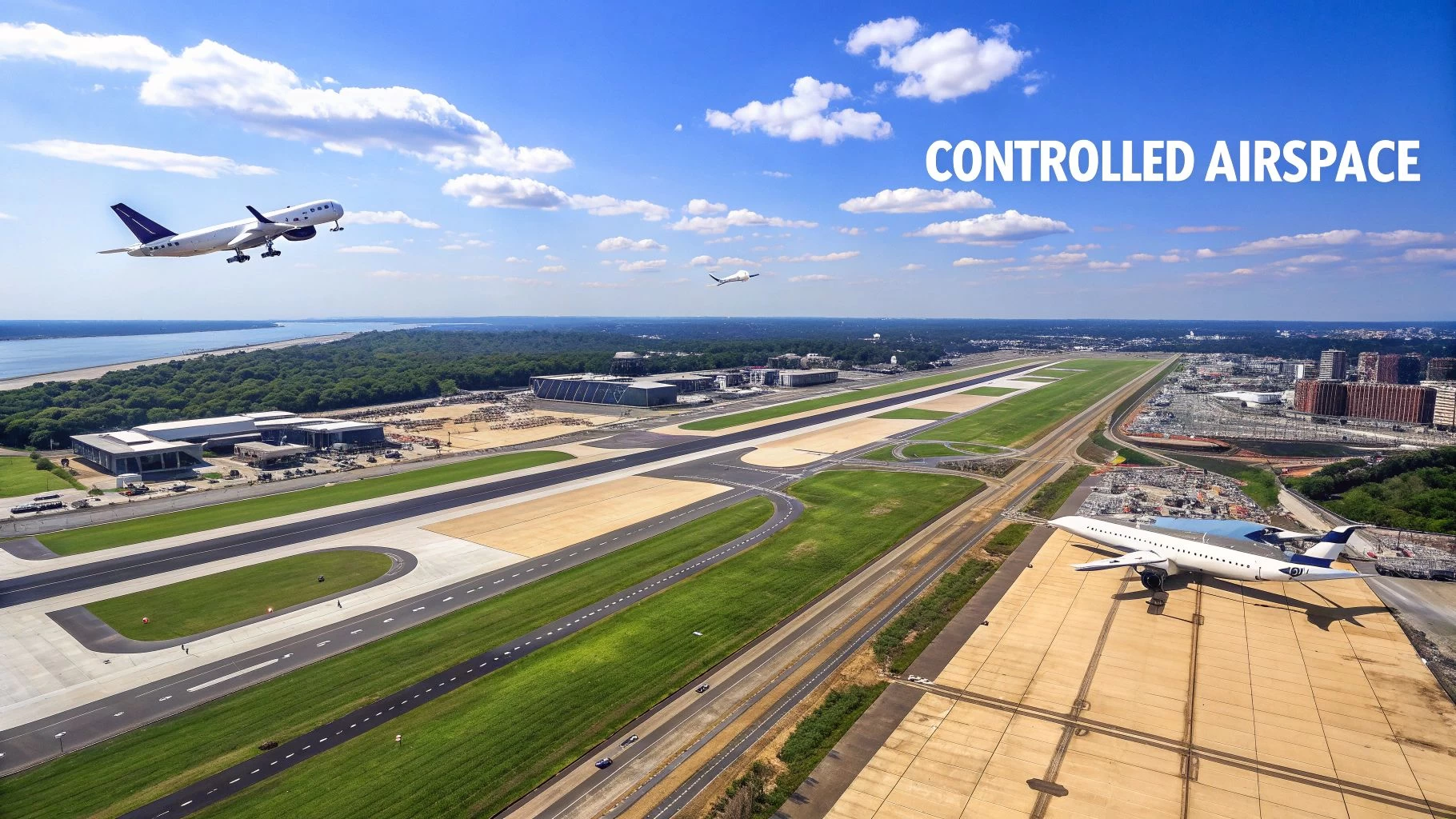 Aerial view of a busy airport with planes, runways, and buildings under a blue sky, illustrating controlled airspace.