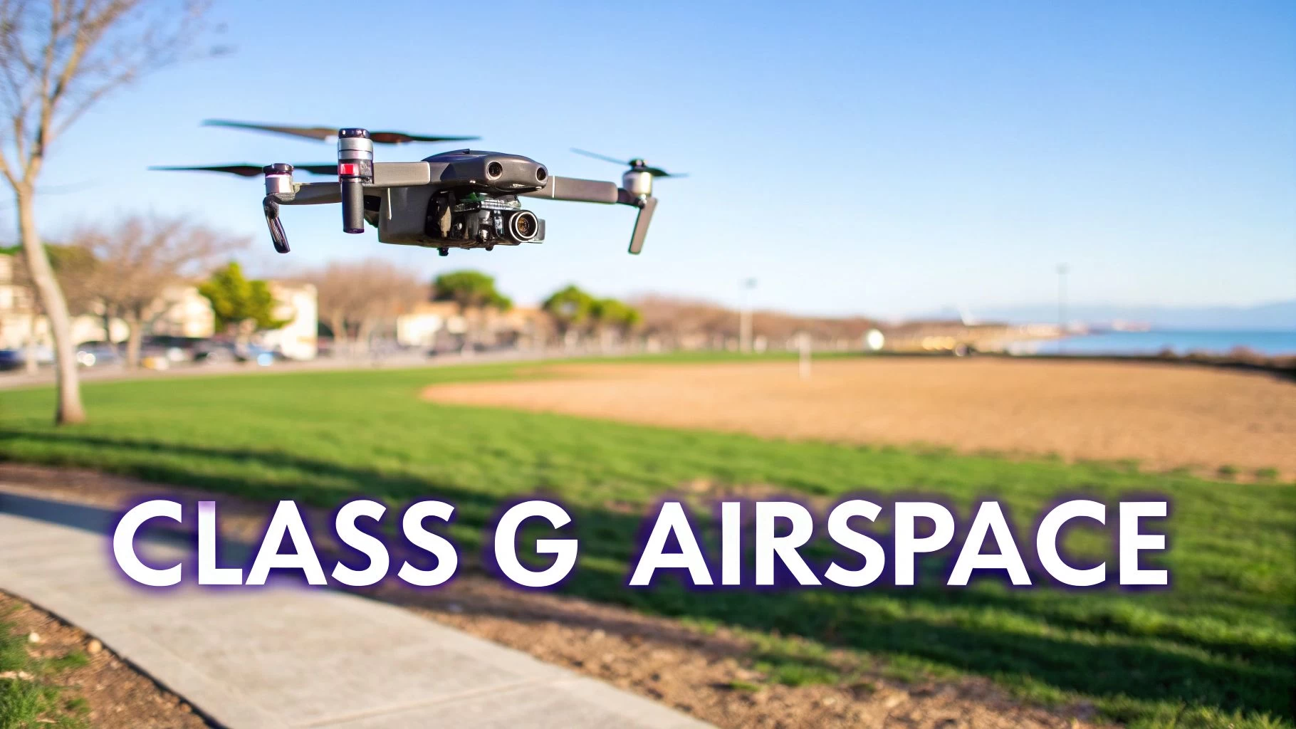 A drone flying over a sunny park with green grass and a dirt field, text reads 'CLASS G AIRSPACE'.