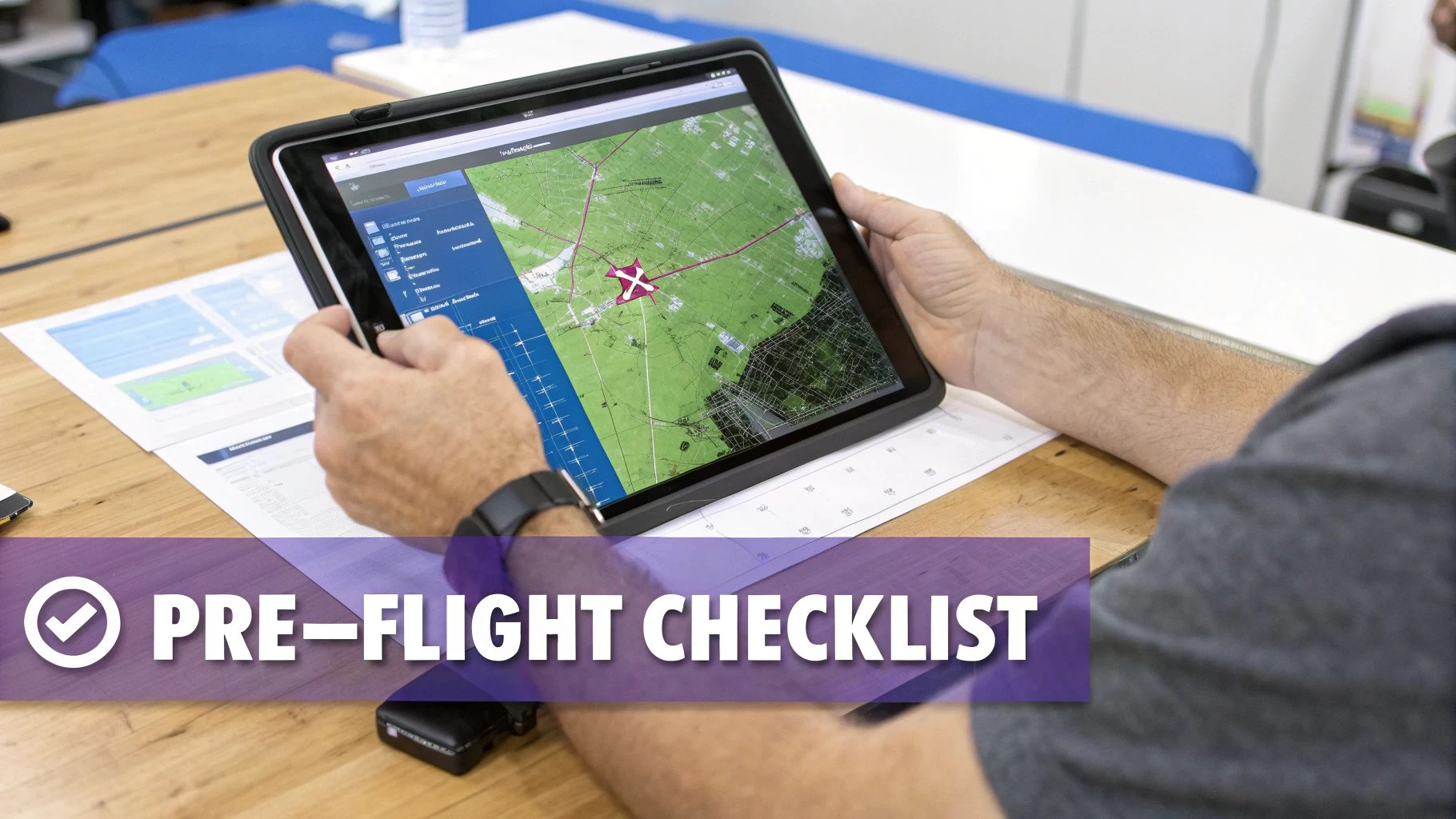 A person's hands hold a tablet displaying a flight planning map and menu, with a 'Pre-Flight Checklist' overlay.