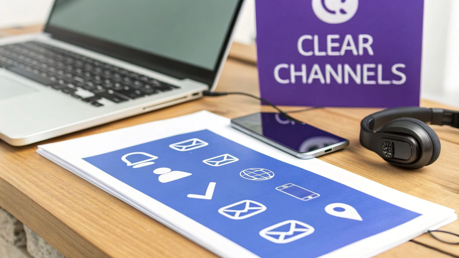 A desk with a laptop, smartphone, headphones, and a document displaying communication icons, next to a 'Clear Channels' sign.