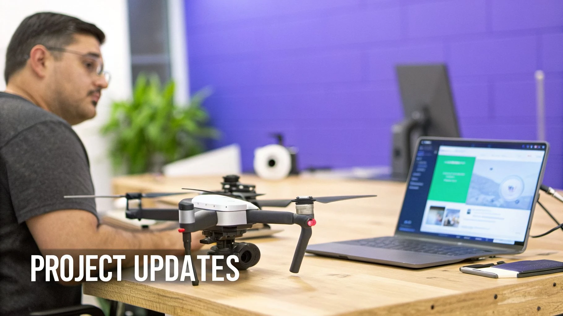 A man with glasses is at a wooden desk with a drone and laptop, working on project updates.
