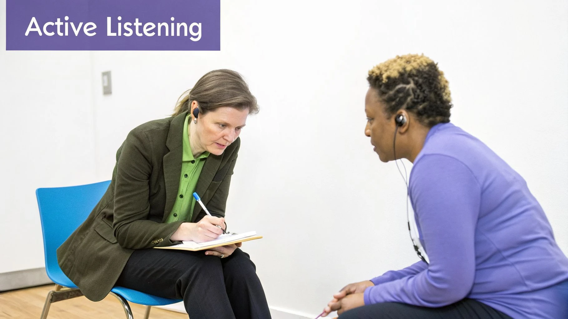 A professional actively listening and taking notes during a session with a client.