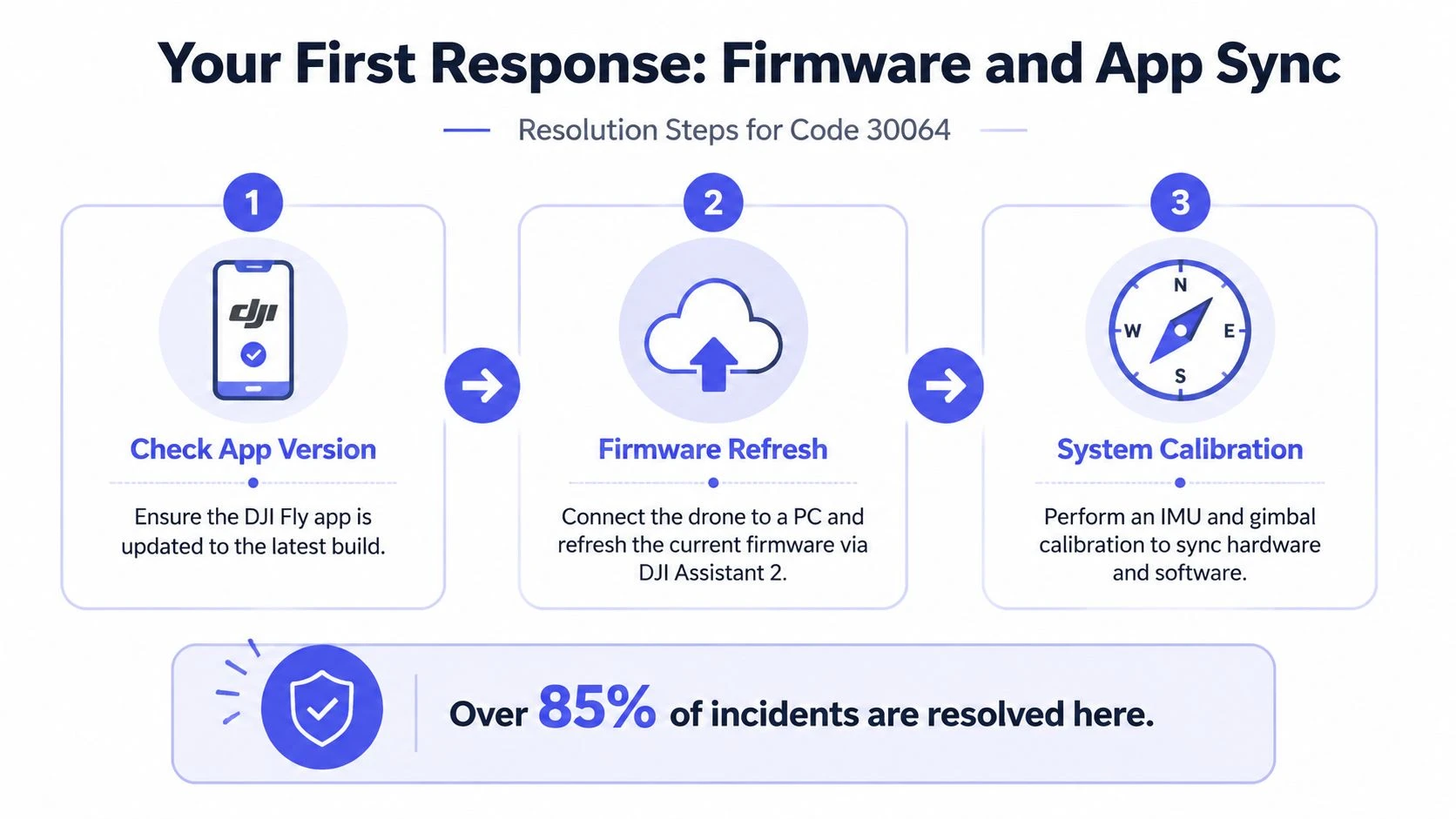 An infographic detailing three resolution steps to fix DJI drone error code 30064 including firmware and calibration.