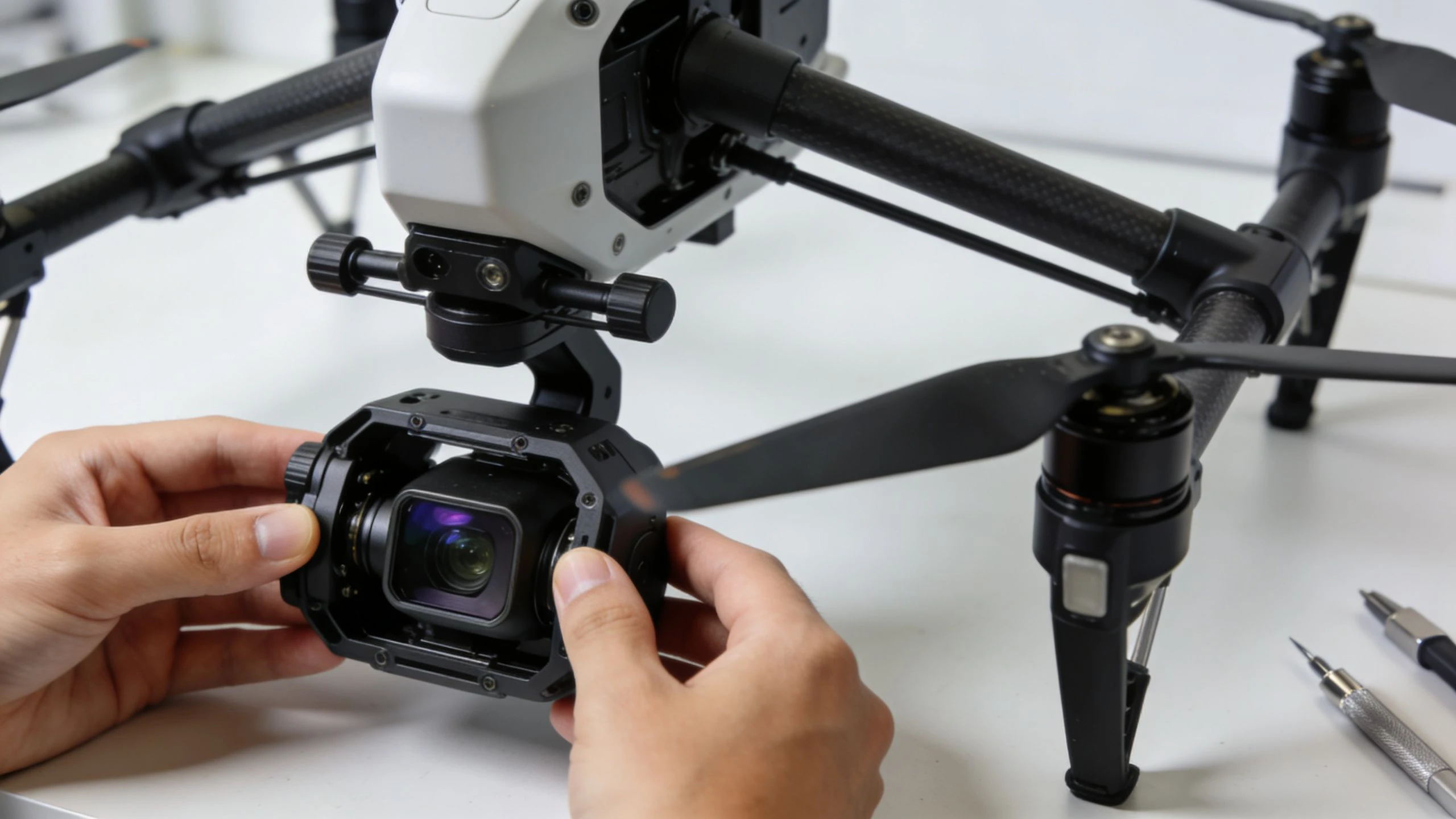 A close-up view of a technician attaching a professional camera gimbal to a DJI drone.
