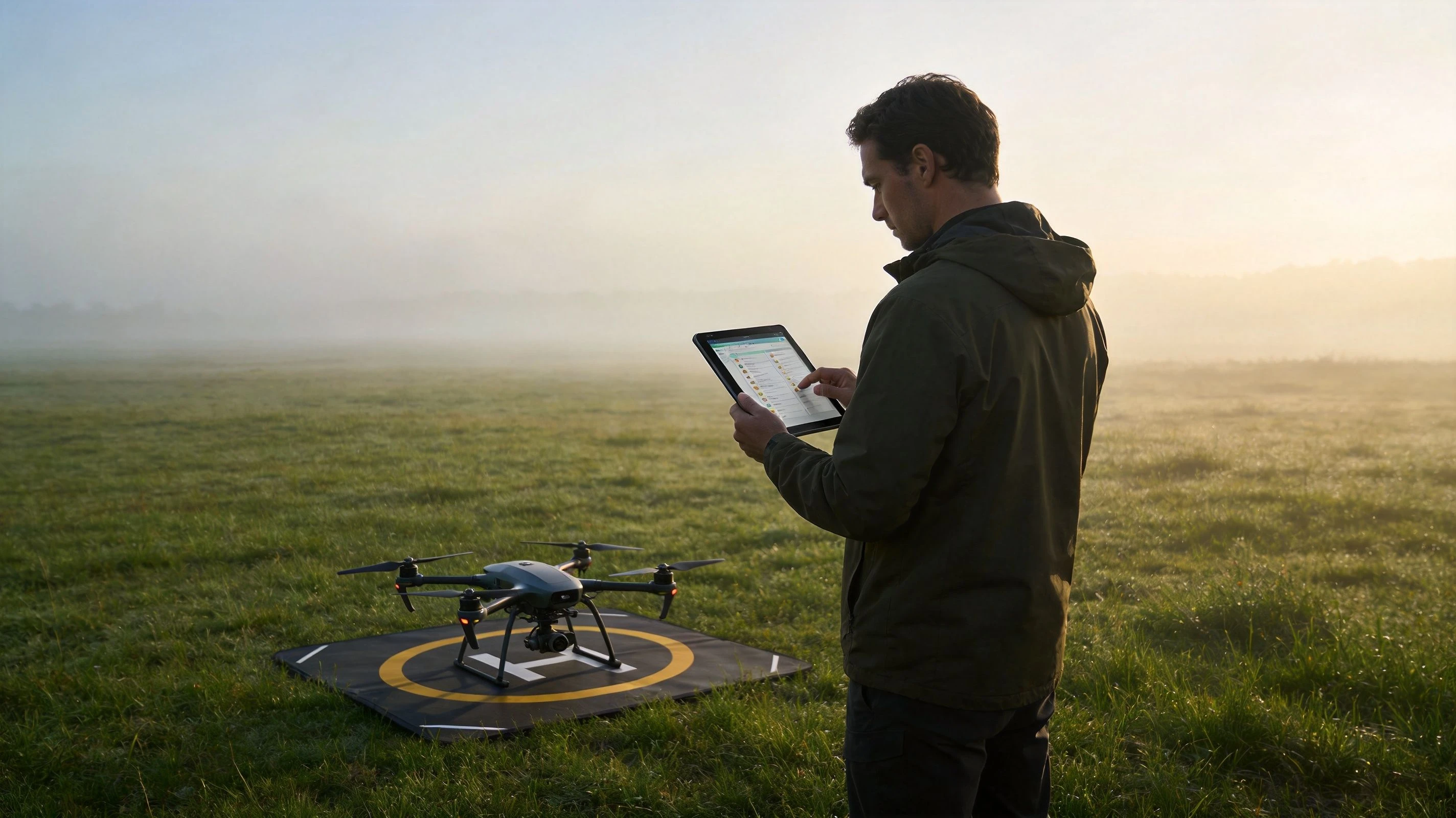 A man in a green jacket operates a drone using a digital tablet in a misty field.