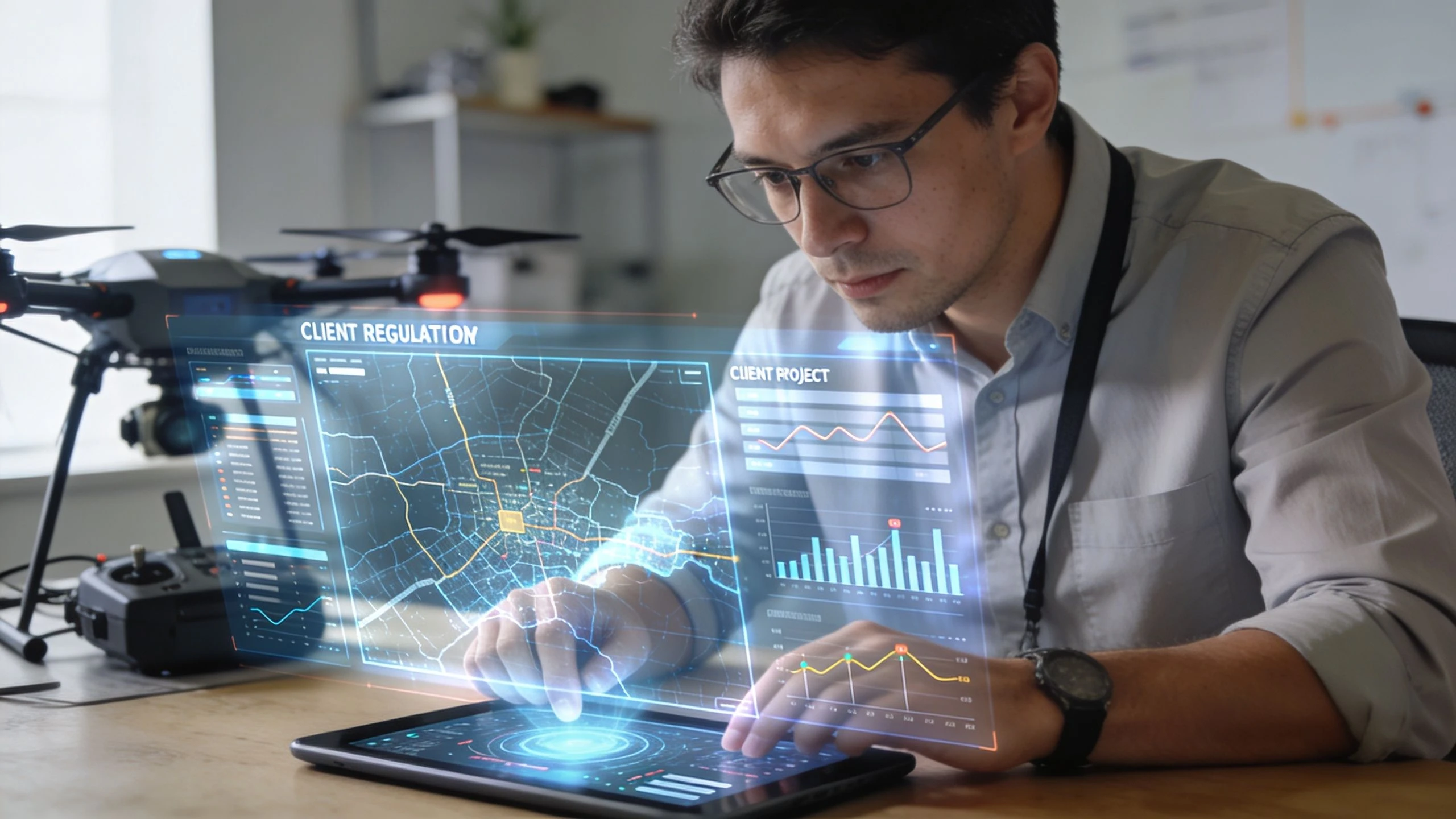 A professional man analyzing drone flight data and client regulations on a digital holographic display interface.
