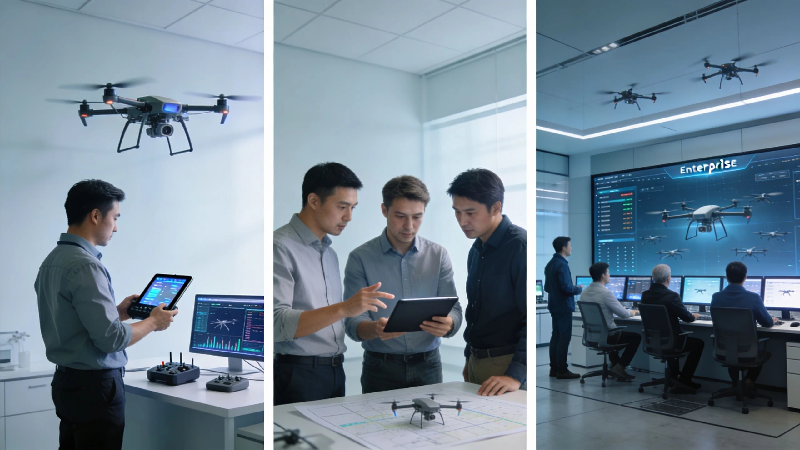 Professionals work with drones, tablets, and software in a modern office and command center environment.