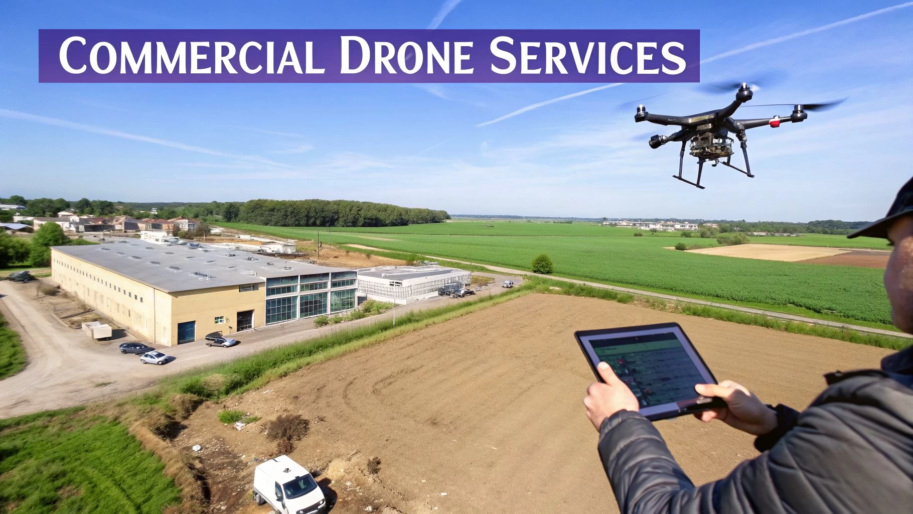 A person operating a commercial drone with a tablet over fields and industrial buildings.