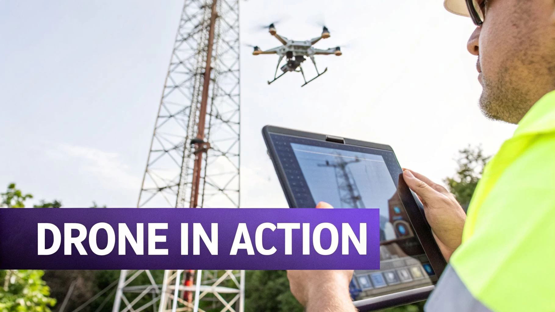 An engineer operates a drone with a tablet, inspecting a communication tower for commercial drone services.