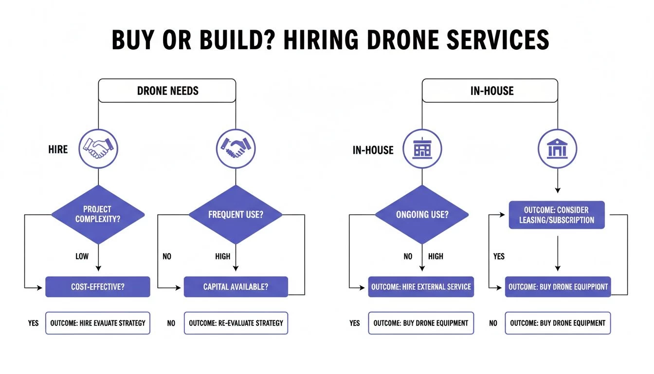 Flowchart illustrating the decision-making process for hiring external drone services versus building in-house capabilities.