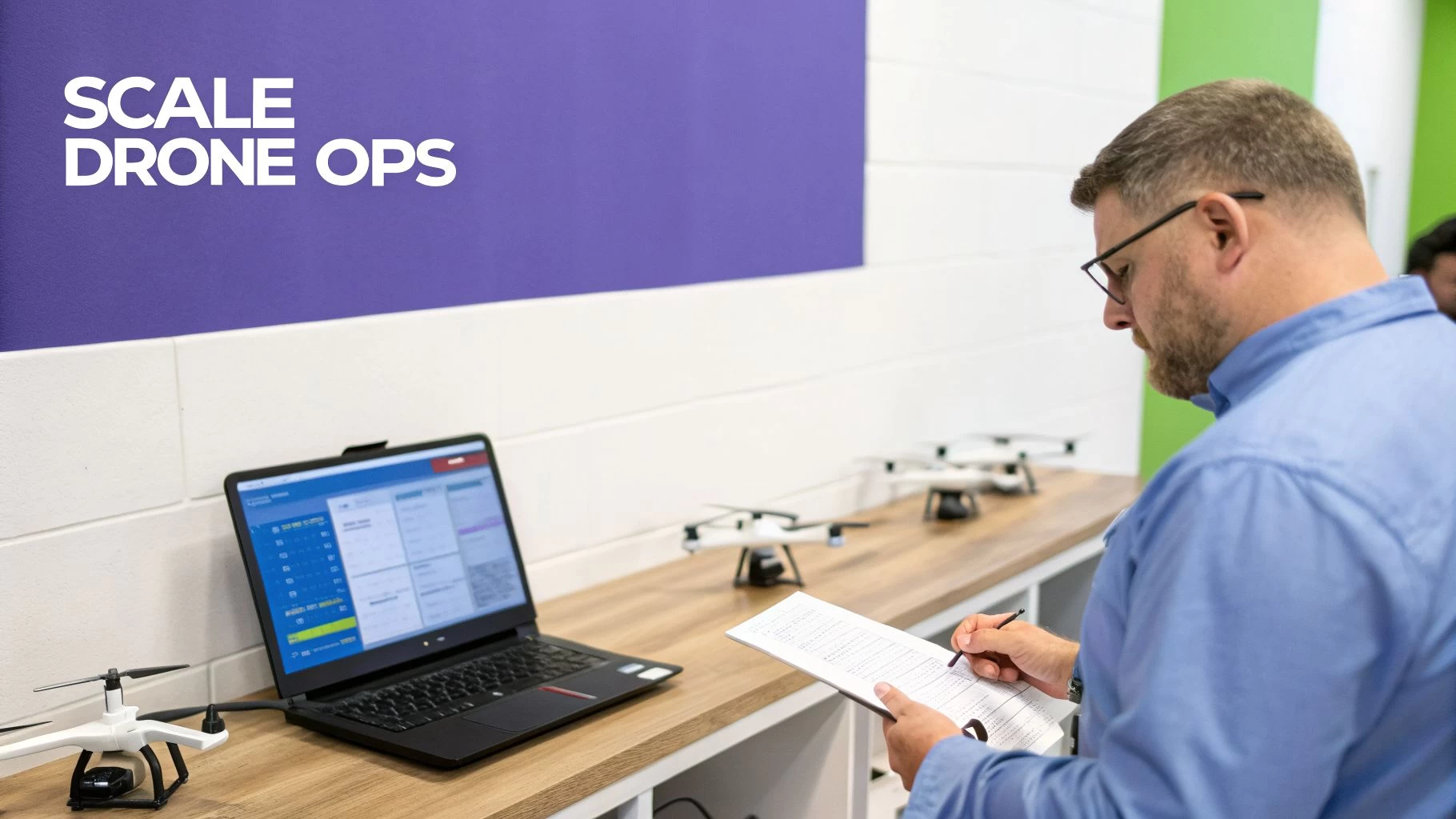 A man reviews documents next to a laptop displaying drone operations software and several drones.