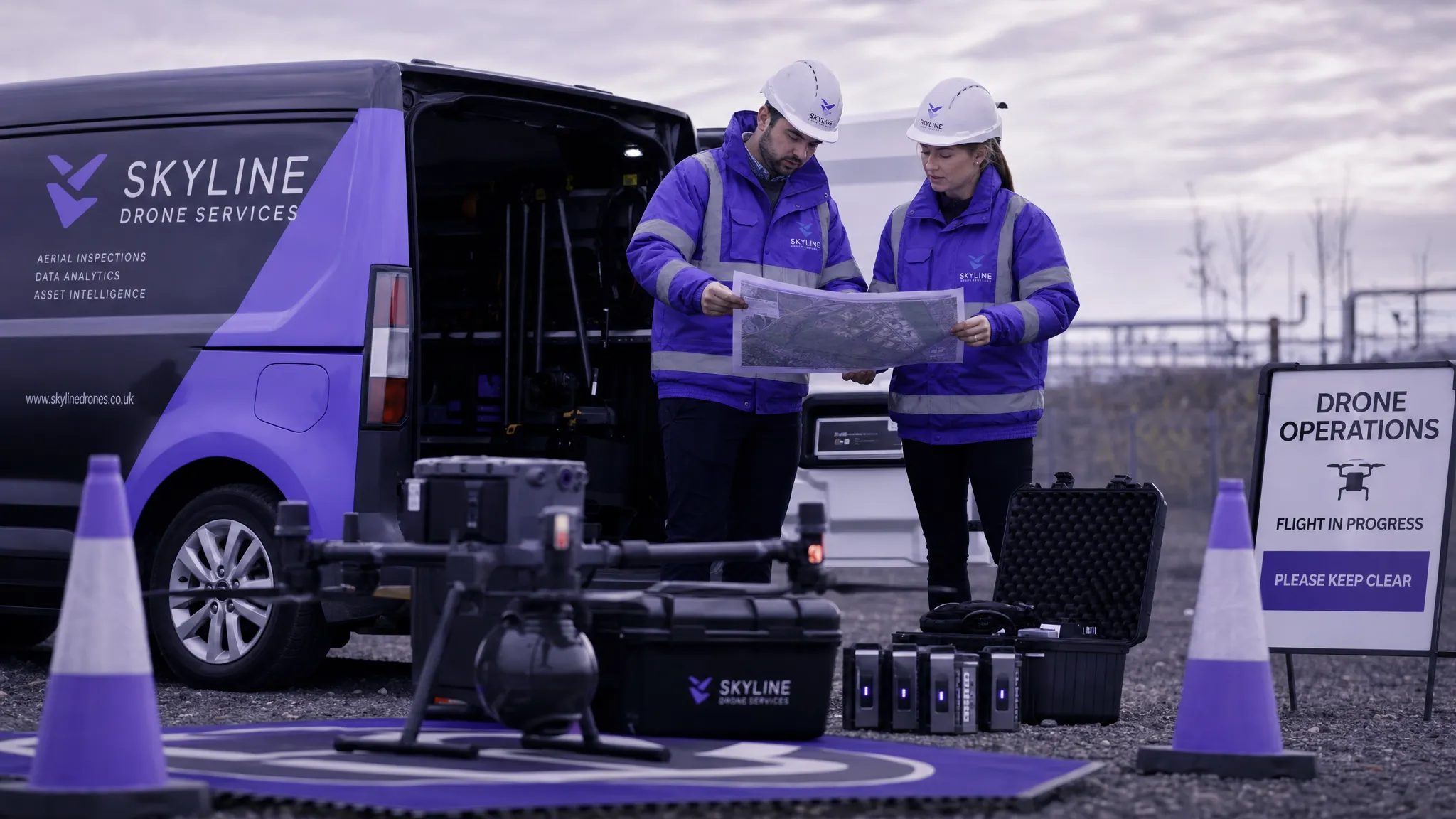A drone operations team reviewing a printed site map beside a service vehicle, with a multirotor drone, batteries and safety cones laid out neatly before a commercial inspection job.