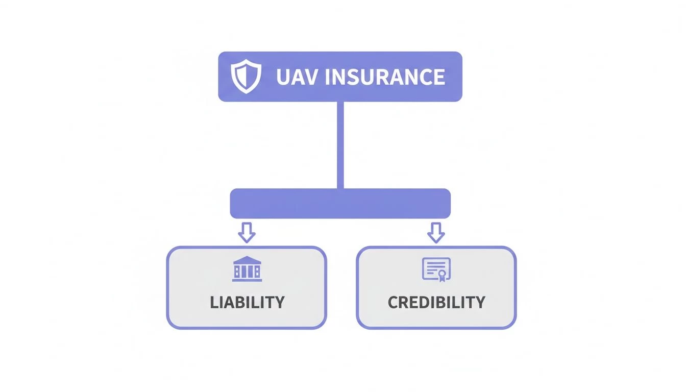 A flowchart illustrating UAV insurance, showing its two main components: liability and credibility.