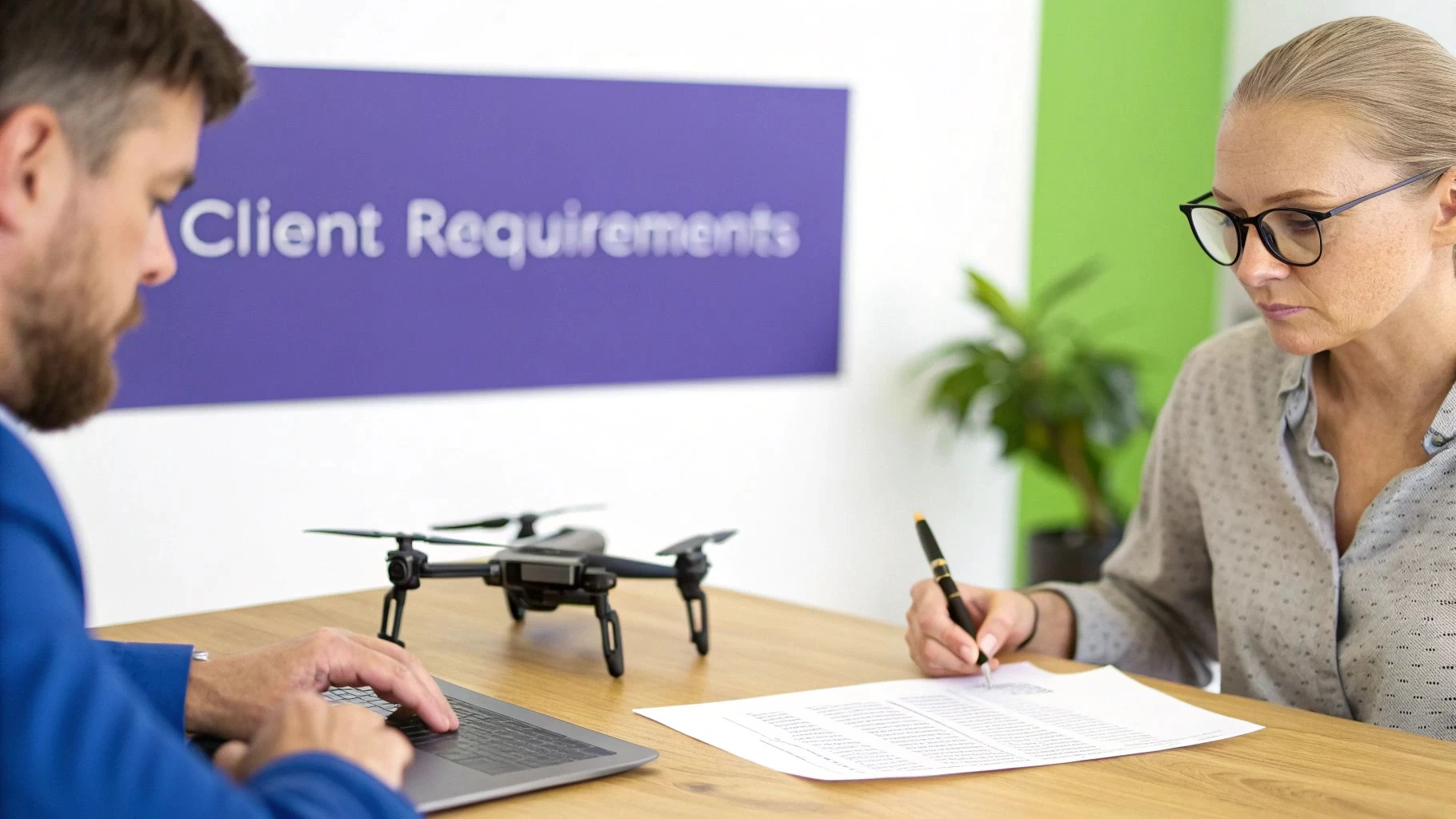 Professionals review client requirements with a drone, one uses a laptop, the other signs paper.
