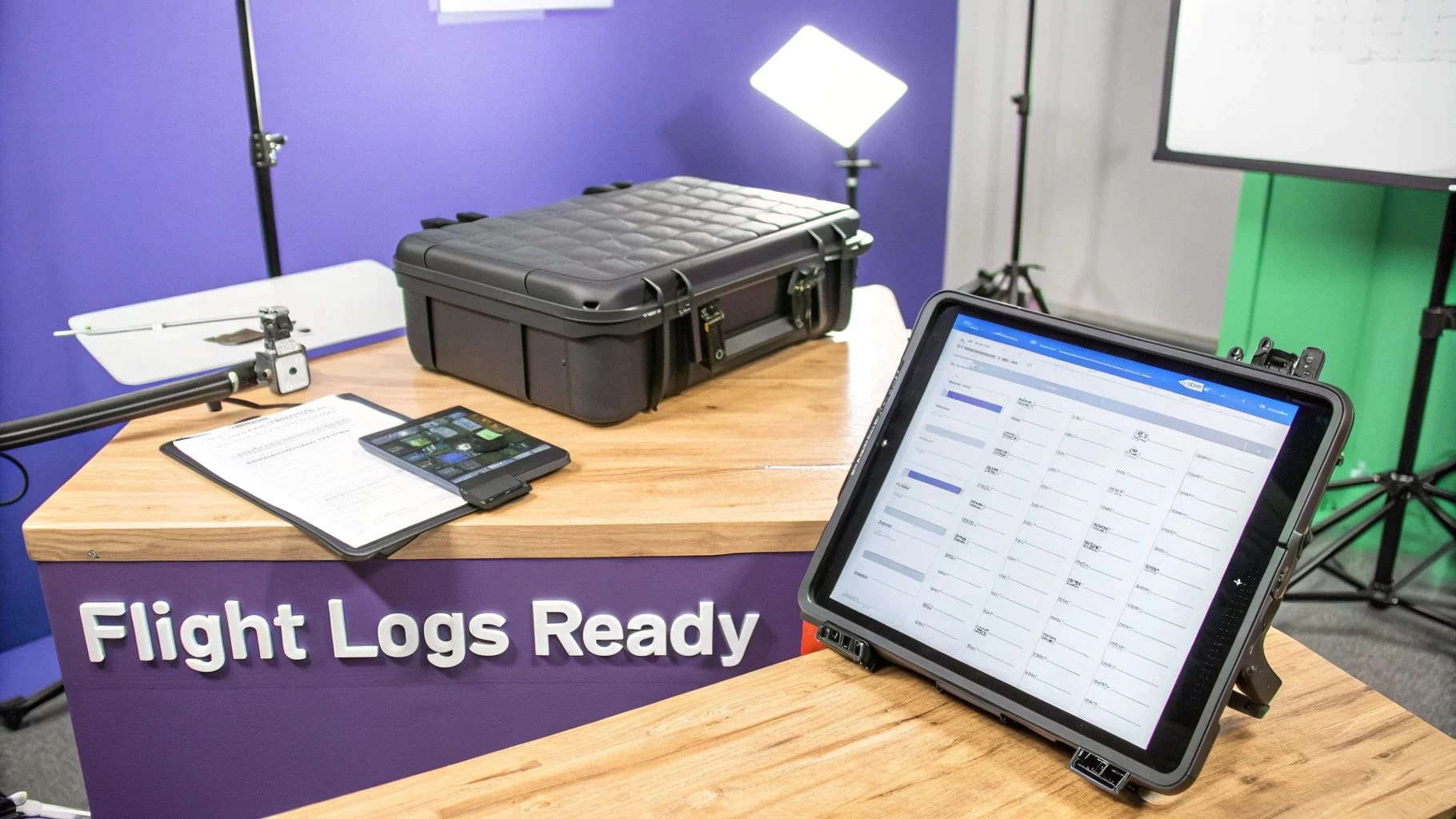 An iPad displaying flight logs, a rugged equipment case, and documents on a wooden desk for commercial UAV operations.