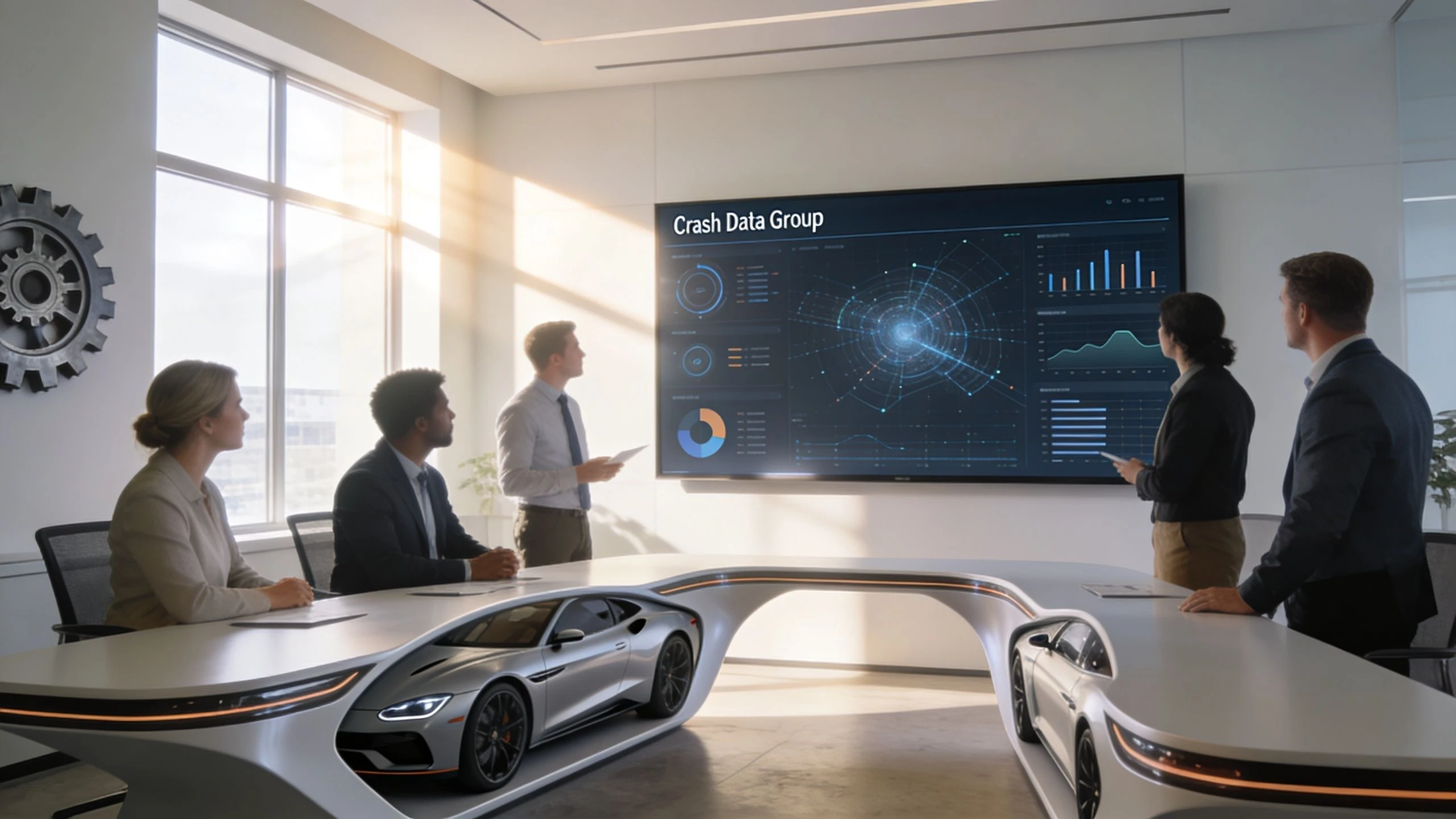 A professional team reviews automotive crash data on a large digital screen in a modern conference room.