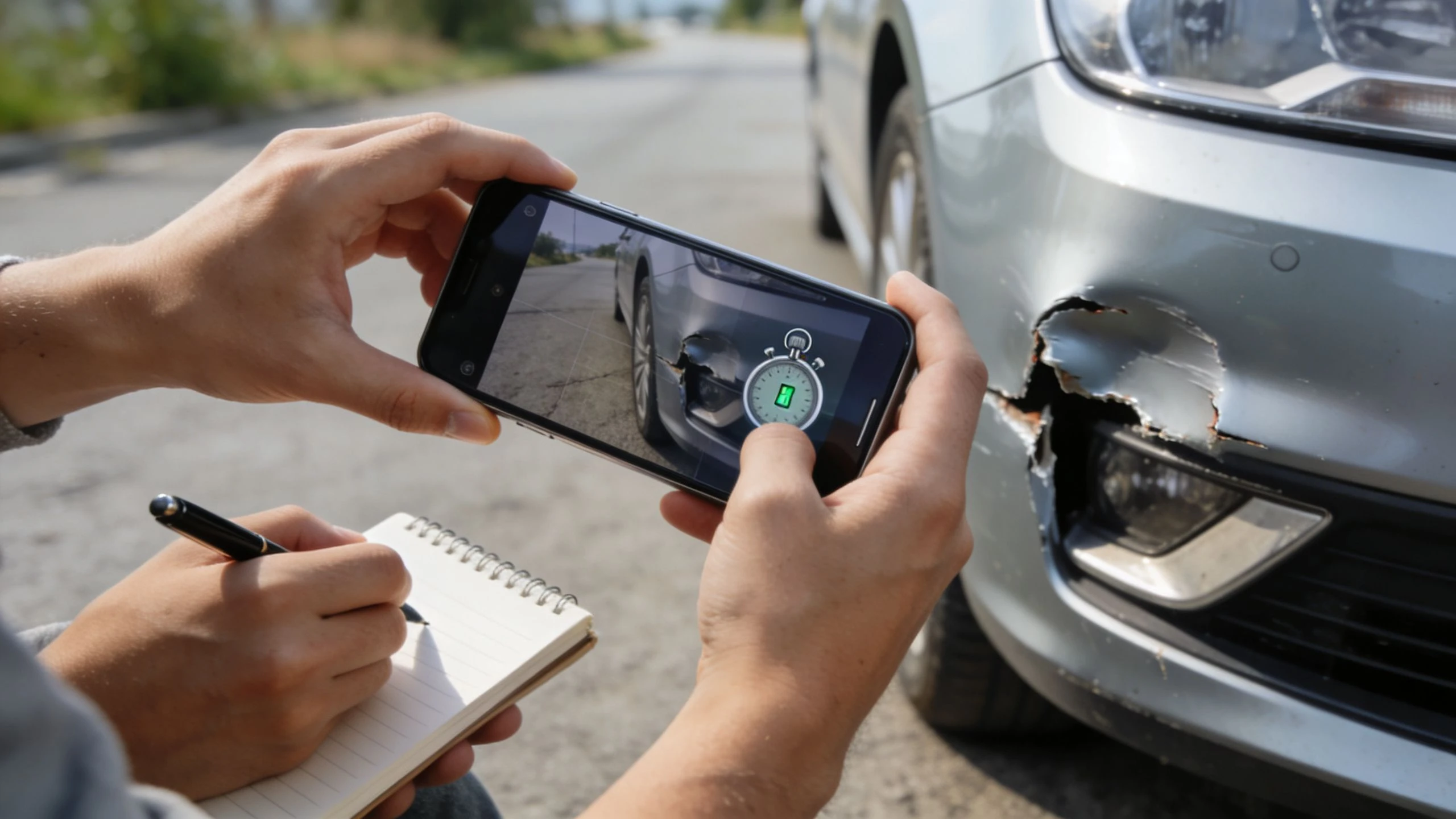 An insurance adjuster records damage to a silver car's bumper using a smartphone and notepad.
