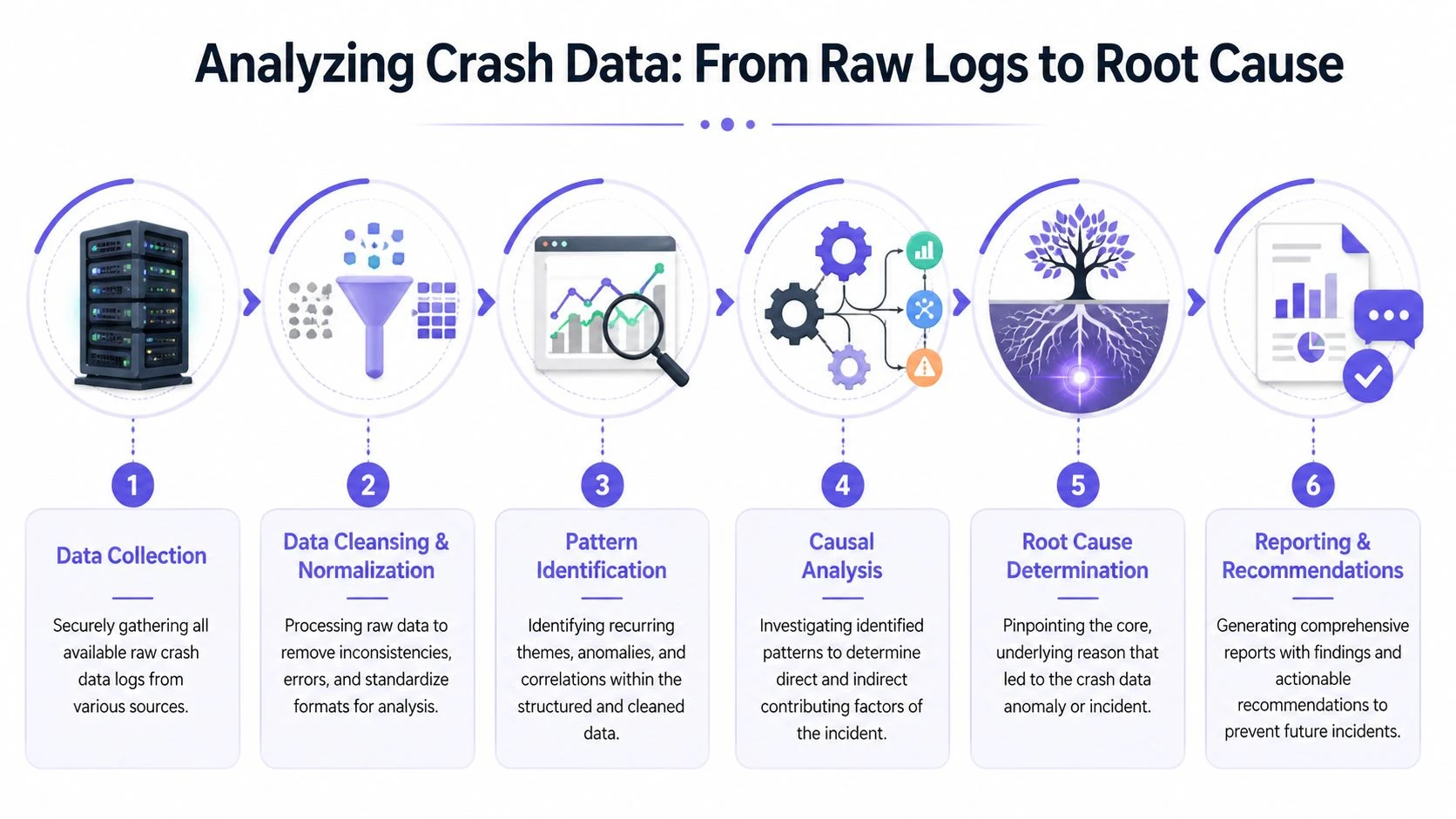 A six-step infographic illustrating the process of analyzing crash data from raw logs to root cause.