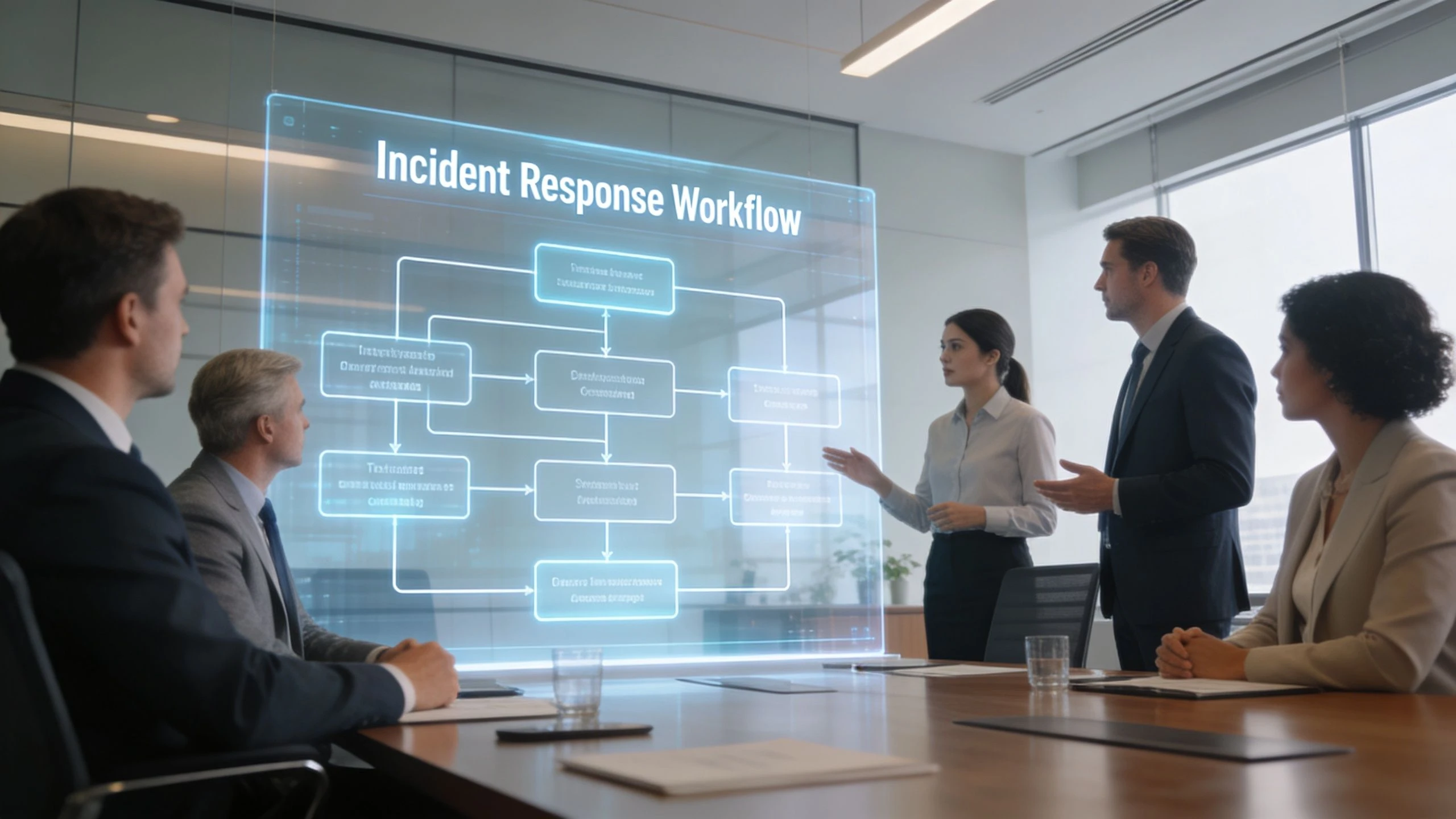 A professional business team in a modern office meeting reviewing an interactive incident response workflow hologram screen.