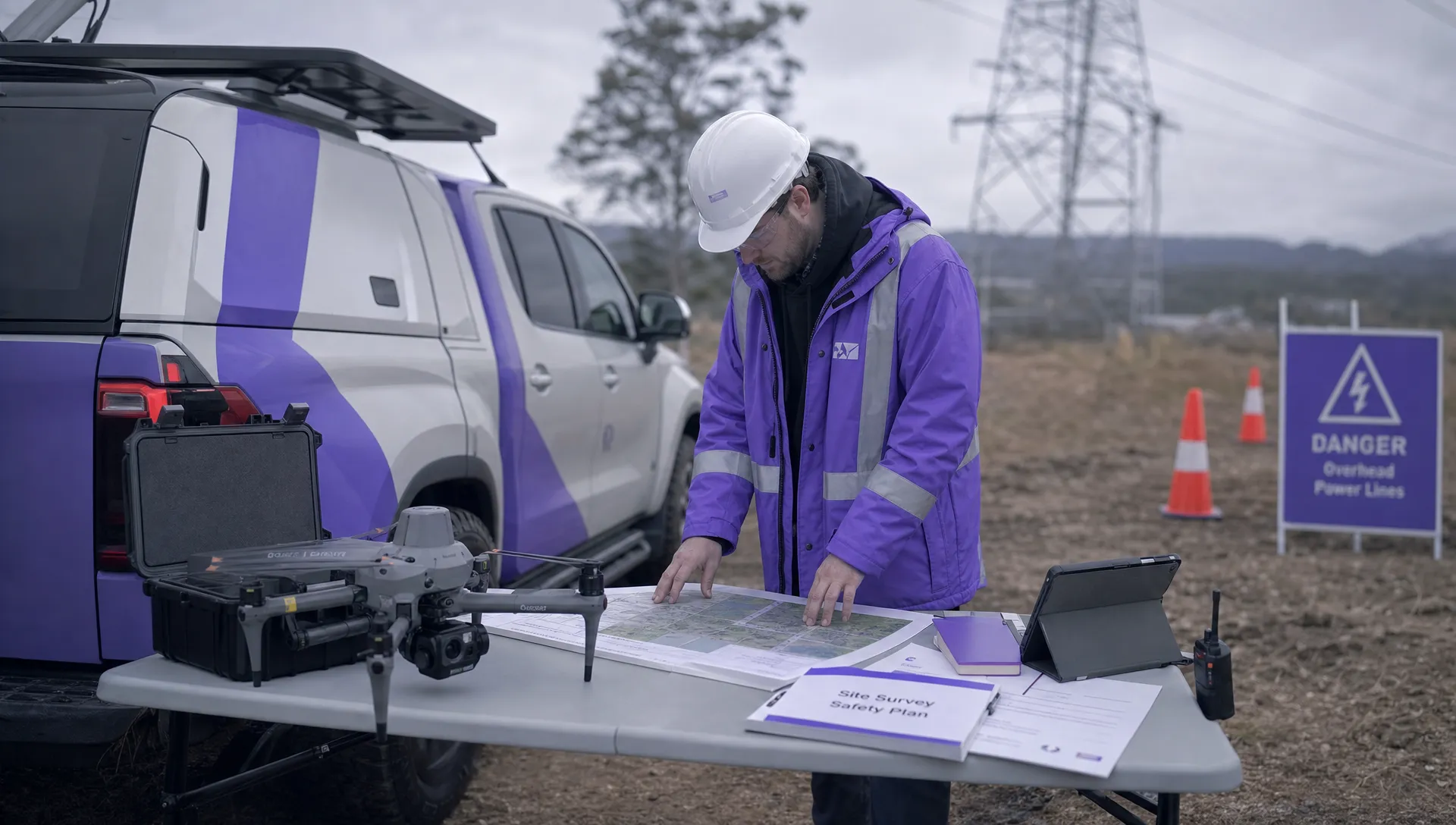 A commercial drone operator reviewing a site plan on a field table beside a parked utility vehicle, with a drone case, cones and safety documents arranged near power infrastructure.