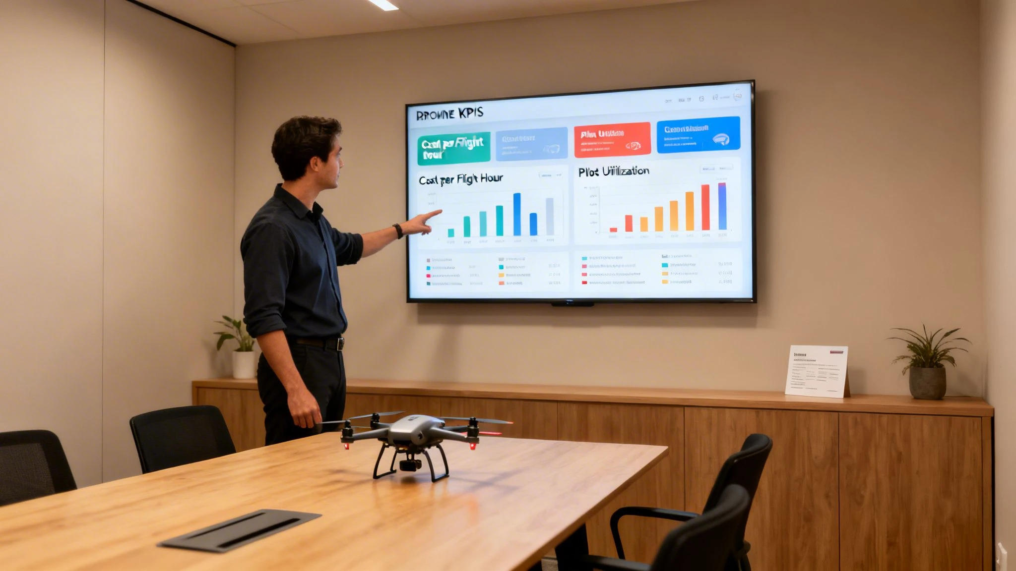 A man points at a large screen displaying drone performance KPIs, with a drone on the table.