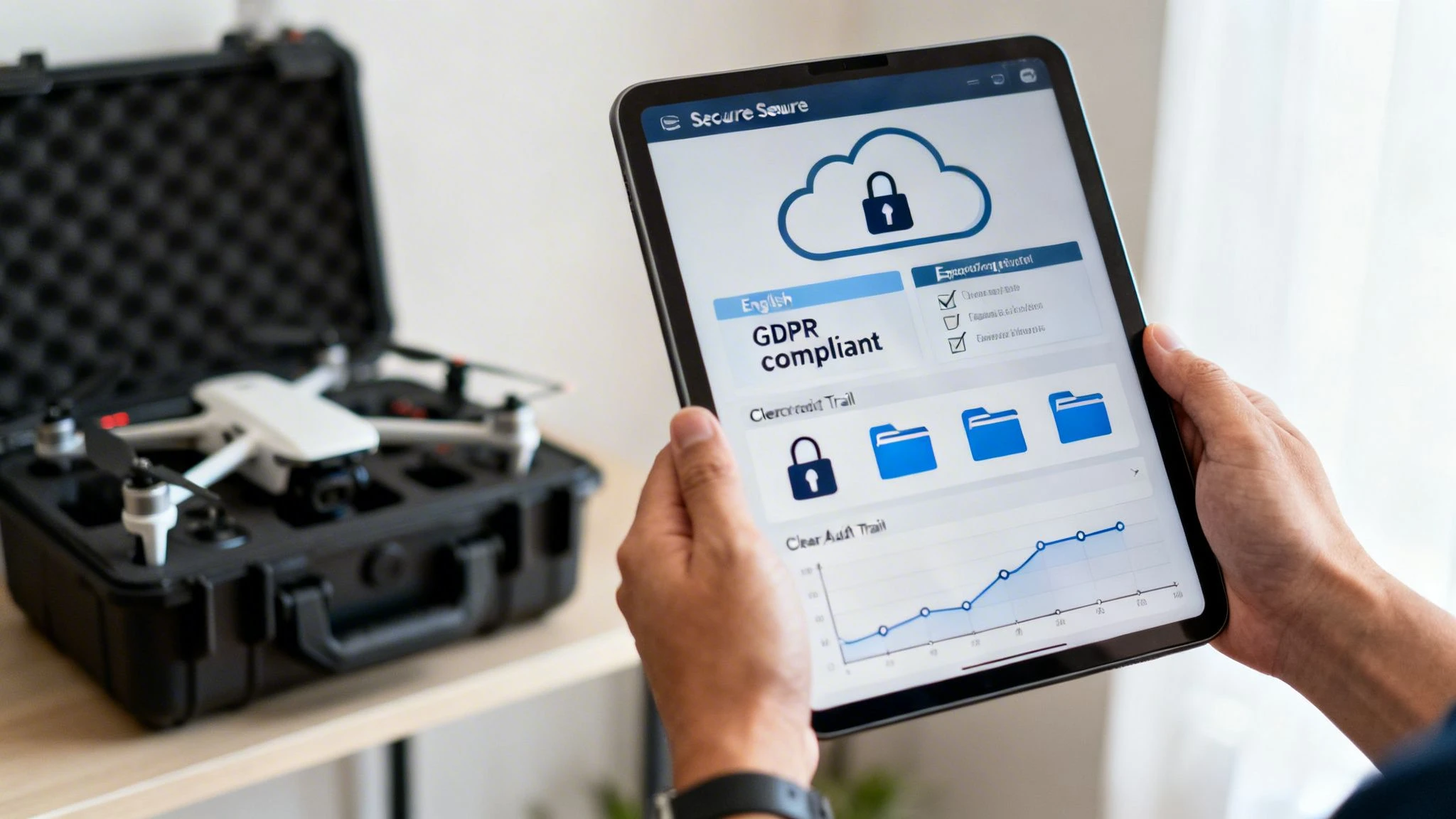 Person holding a tablet showing GDPR compliant cloud security software, with a drone nearby.
