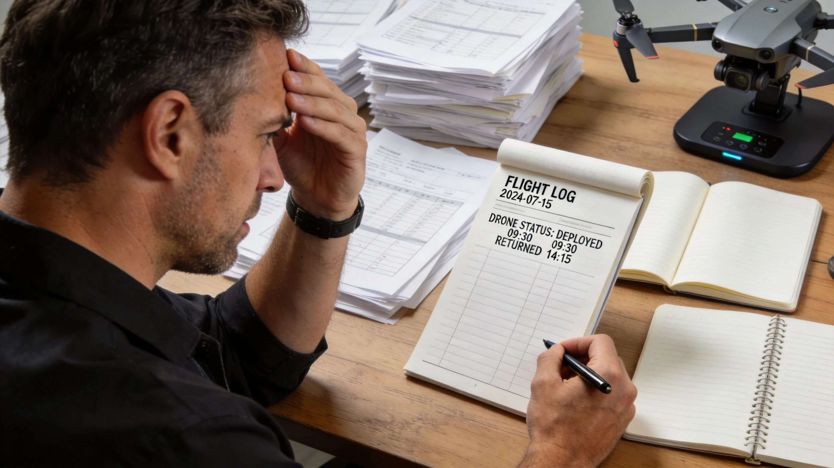 A stressed man fills out a flight log document next to a drone and piles of paperwork.