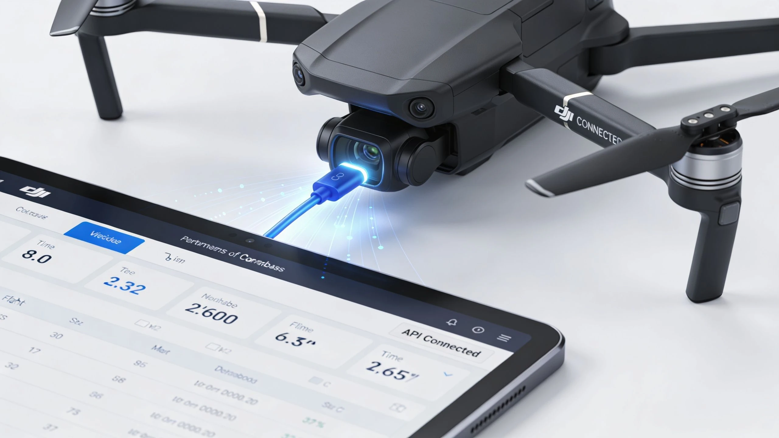 A drone connected to a tablet device displaying diagnostic data logging software for flight analysis.
