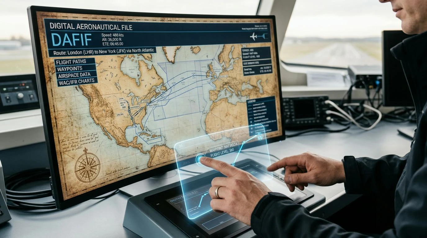 A professional air traffic controller using a digital terminal to monitor flight paths and navigational data.