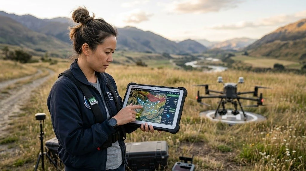 A woman pilot monitors a drone flight path on a rugged tablet screen in a mountain field.