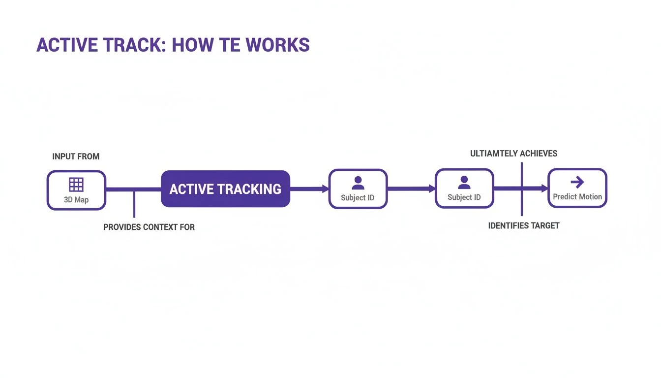 Flowchart showing Active Track's process: 3D map input, active tracking, subject ID, and motion prediction.