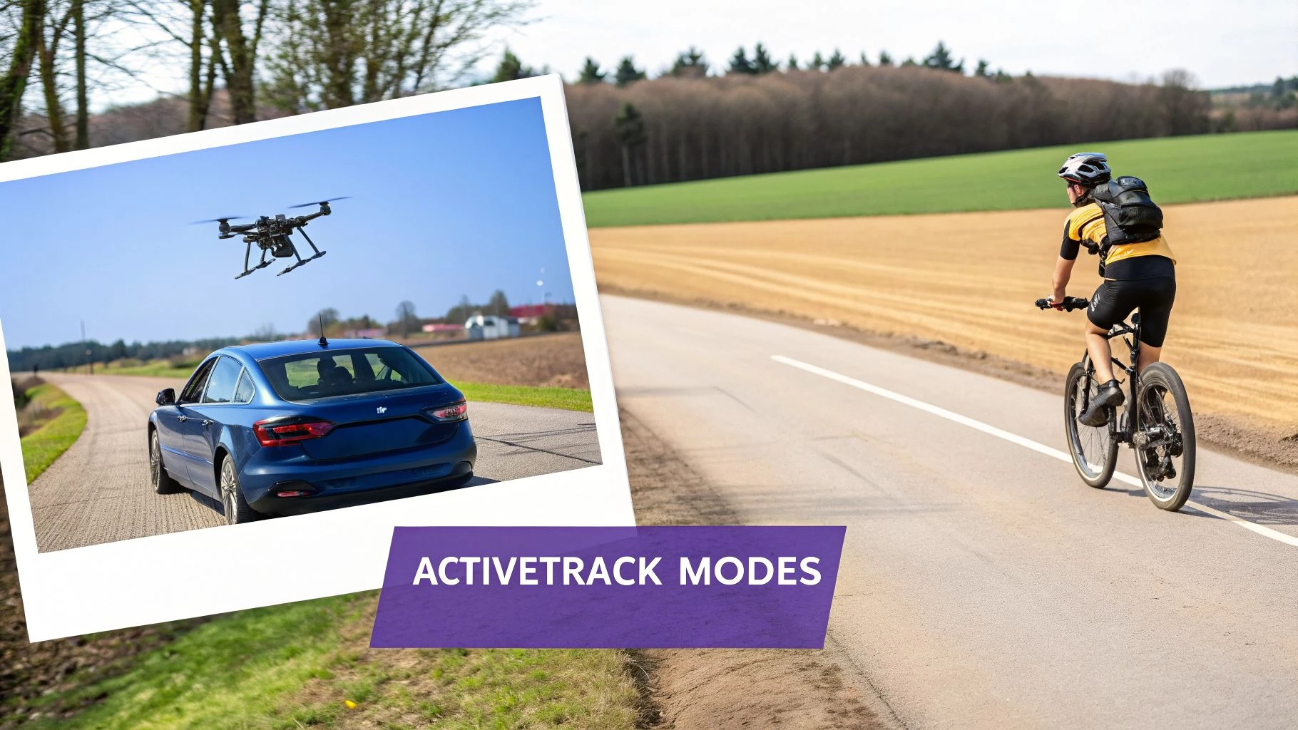 A drone tracks a blue car in a polaroid, while a cyclist rides on a rural road, illustrating ActiveTrack modes.