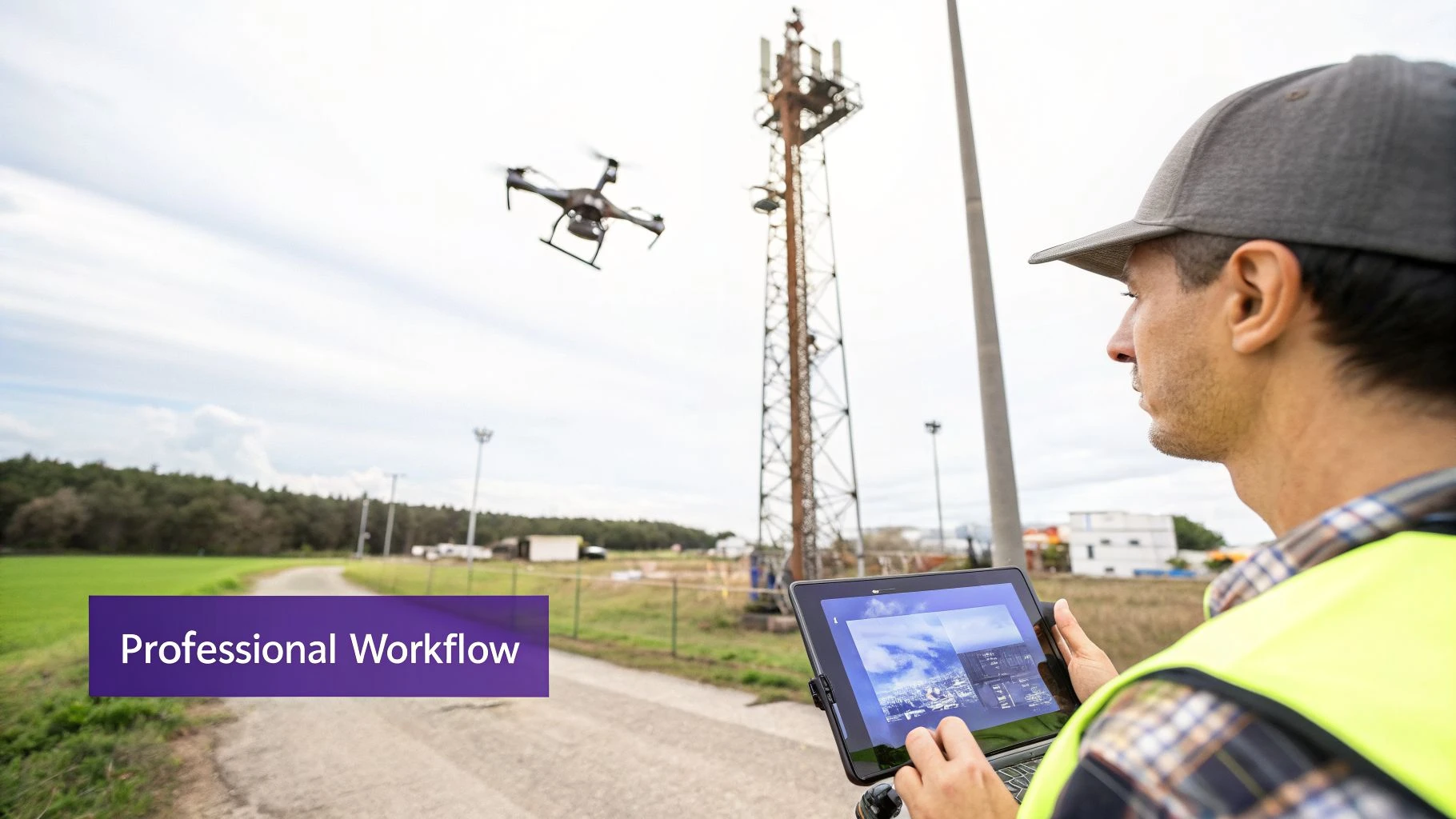 A man in a baseball cap and safety vest operates a drone with a tablet near a cellular tower, overseeing professional workflow.