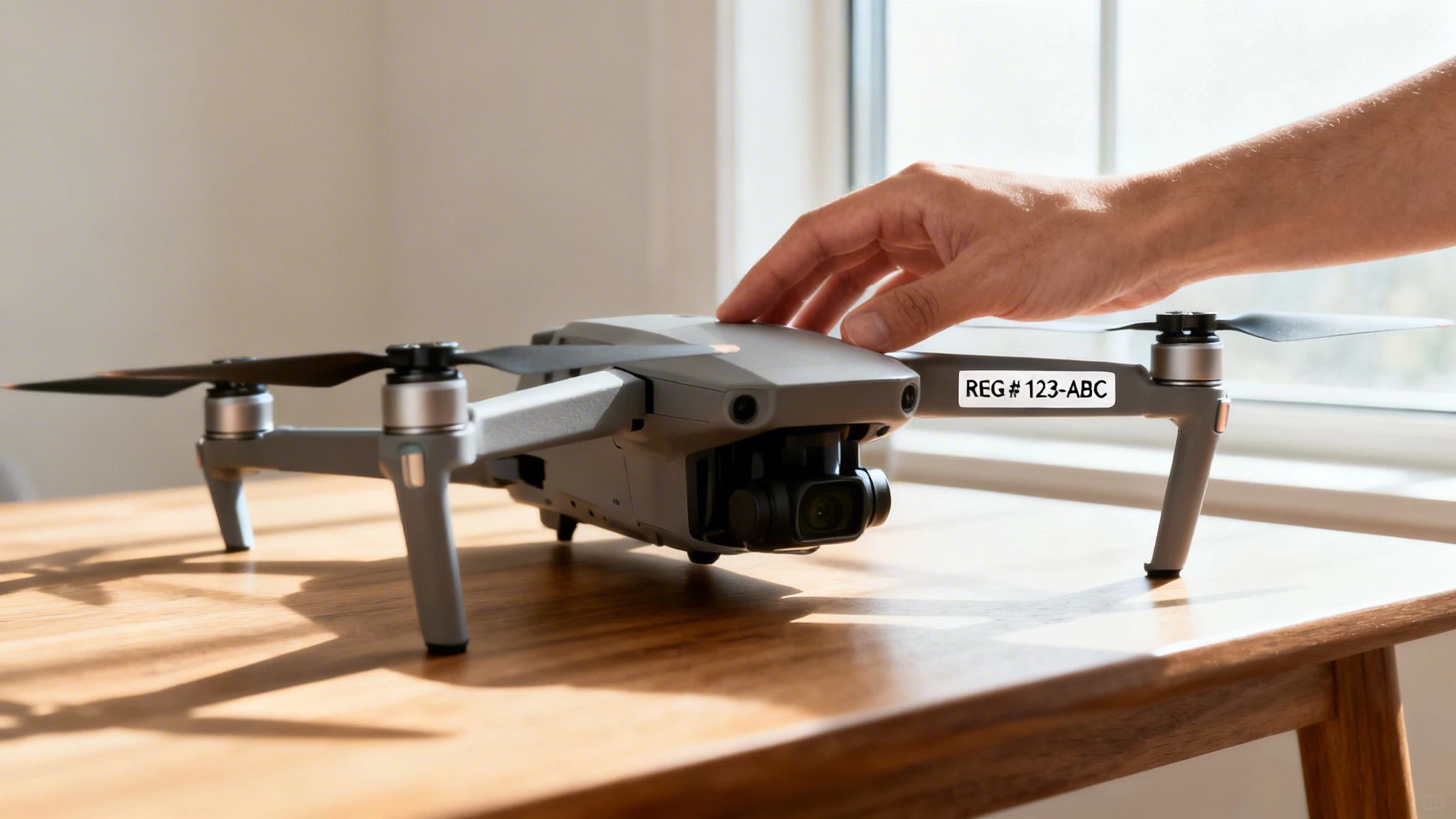 A person's hand gently touching a gray DJI drone with a visible registration label.