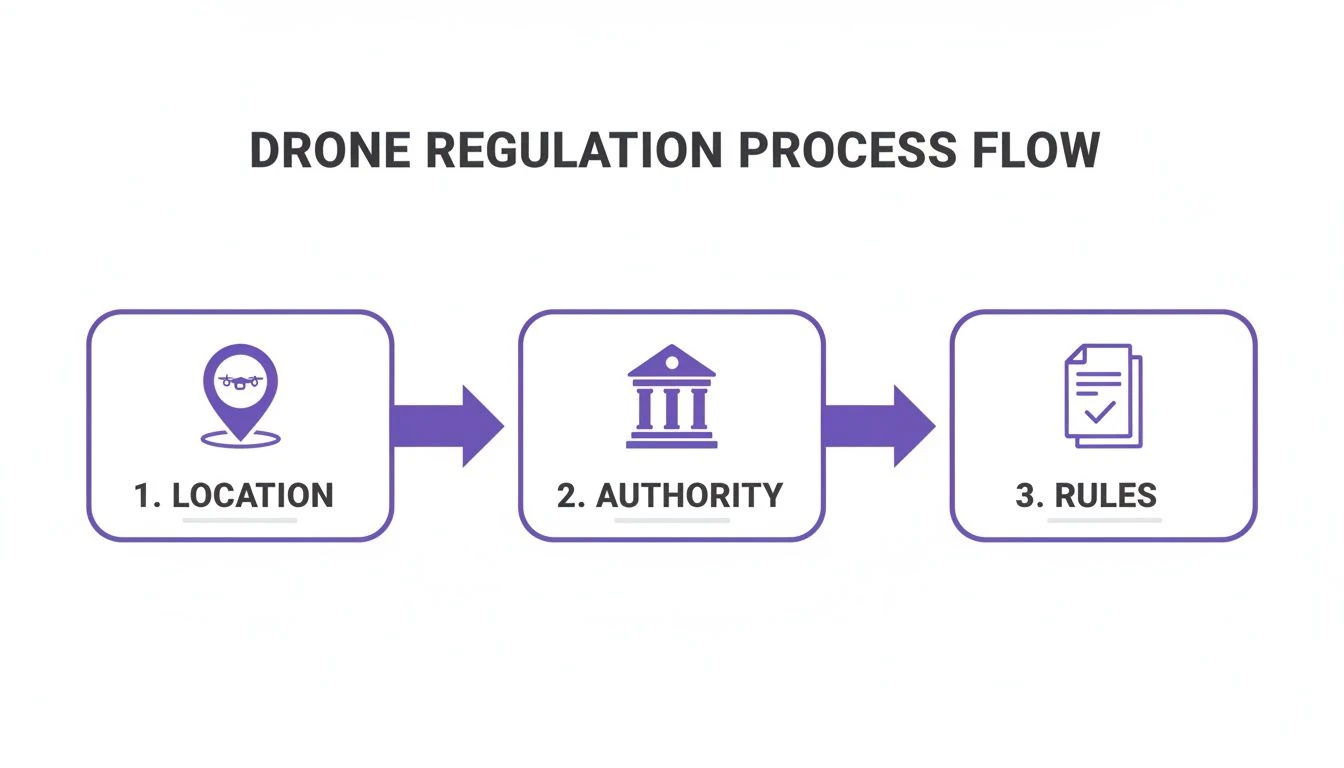 A process flow diagram showing three steps for drone regulation: location, authority, and rules.