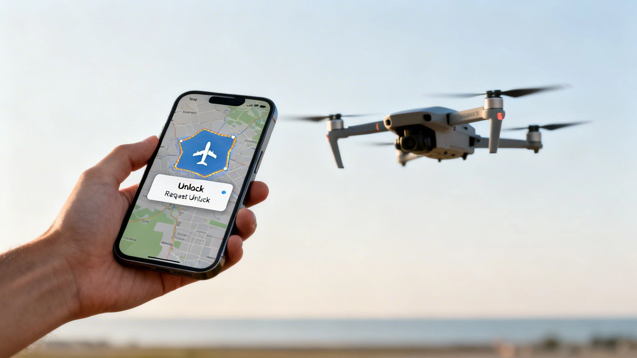 A hand holds a smartphone displaying a drone no-fly zone map and unlock prompt, with a drone flying.