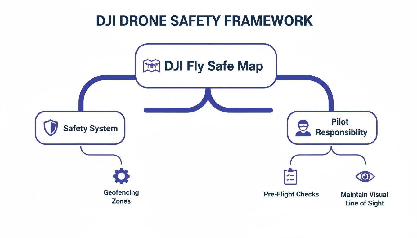 A diagram illustrating the DJI Drone Safety Framework, featuring the Fly Safe Map, Safety System, and Pilot Responsibility.