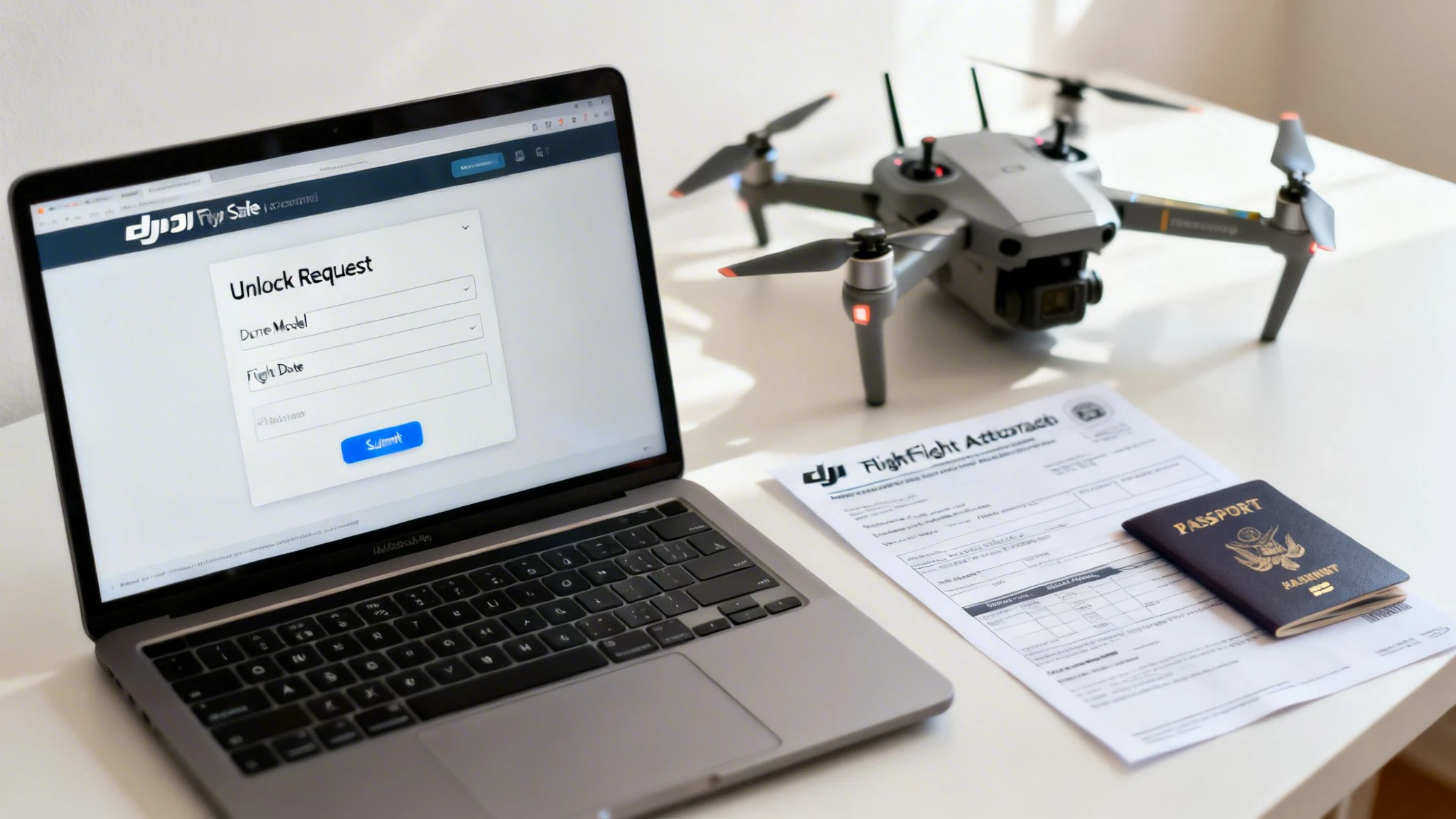 Laptop with DJI Fly Safe form, drone, flight attestation, and passport on a white desk.