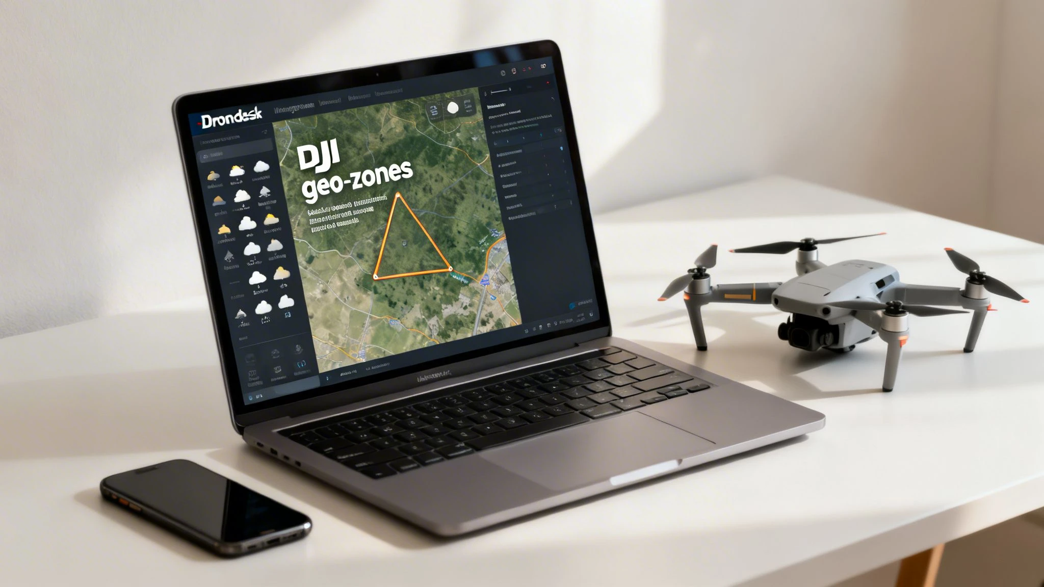 A laptop showing DJI geo-zones on a map, with a drone and smartphone nearby.
